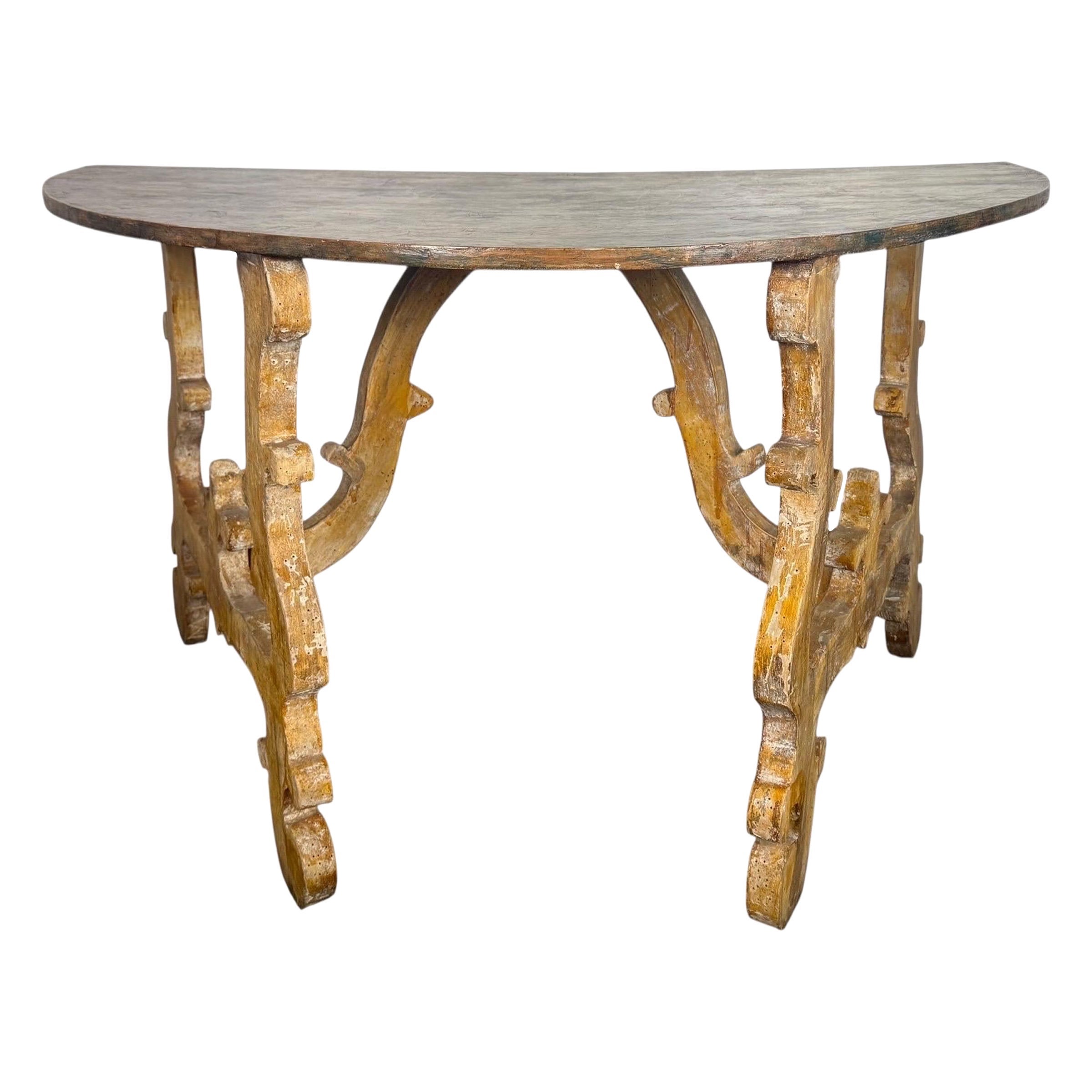 Spanish Baroque Console Table, Distressed Wood, Mid-20th Century