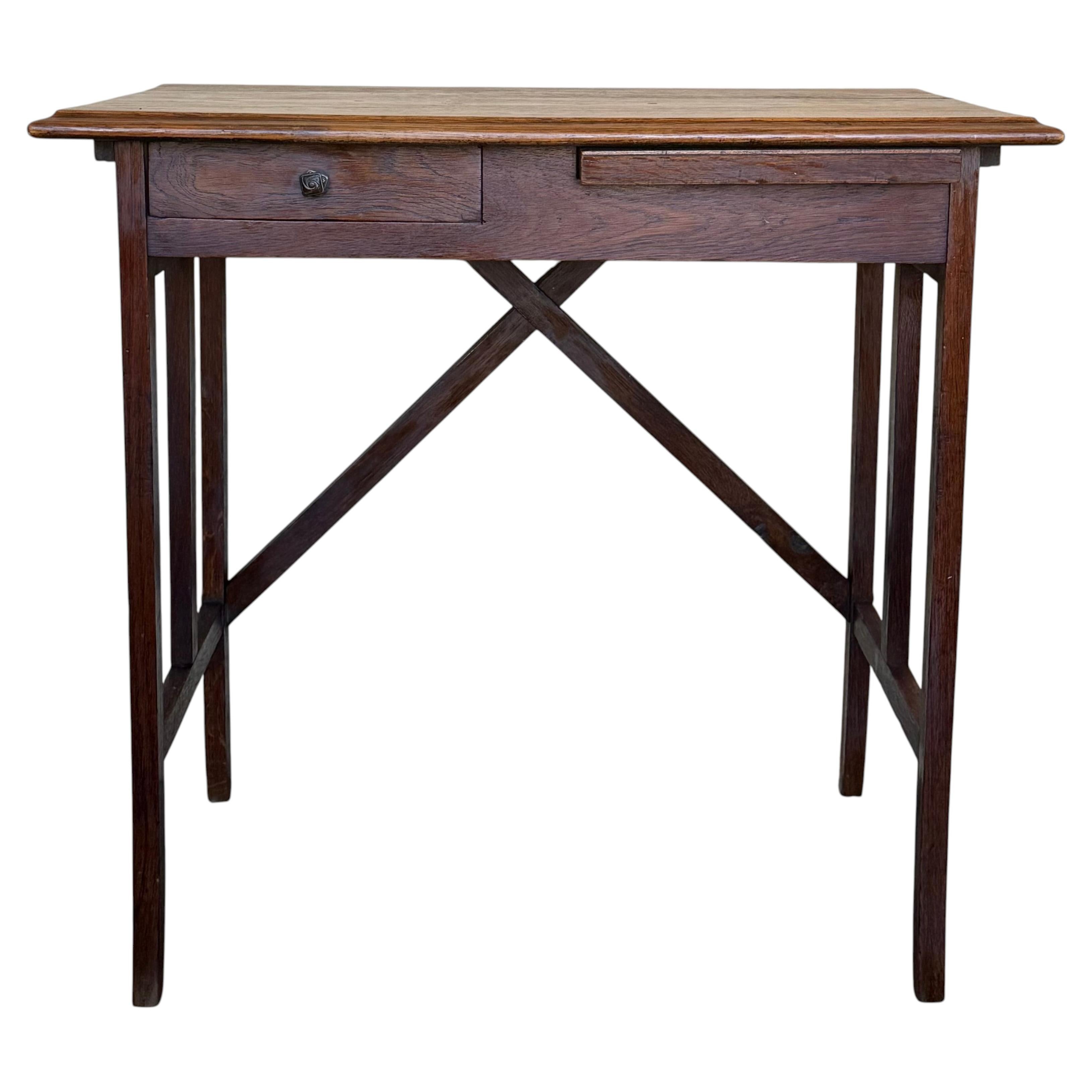 Spanish Baroque Dark Walnut Work Side Table with drawer, Restored For Sale