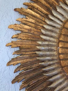 Spanish Baroque Double Layered Gold Leaf Gilt-Wood and Silvered Sunburst Mirror