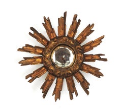 Spanish Baroque Giltwood Convex Sunburst Mirror Miniature, 1940s