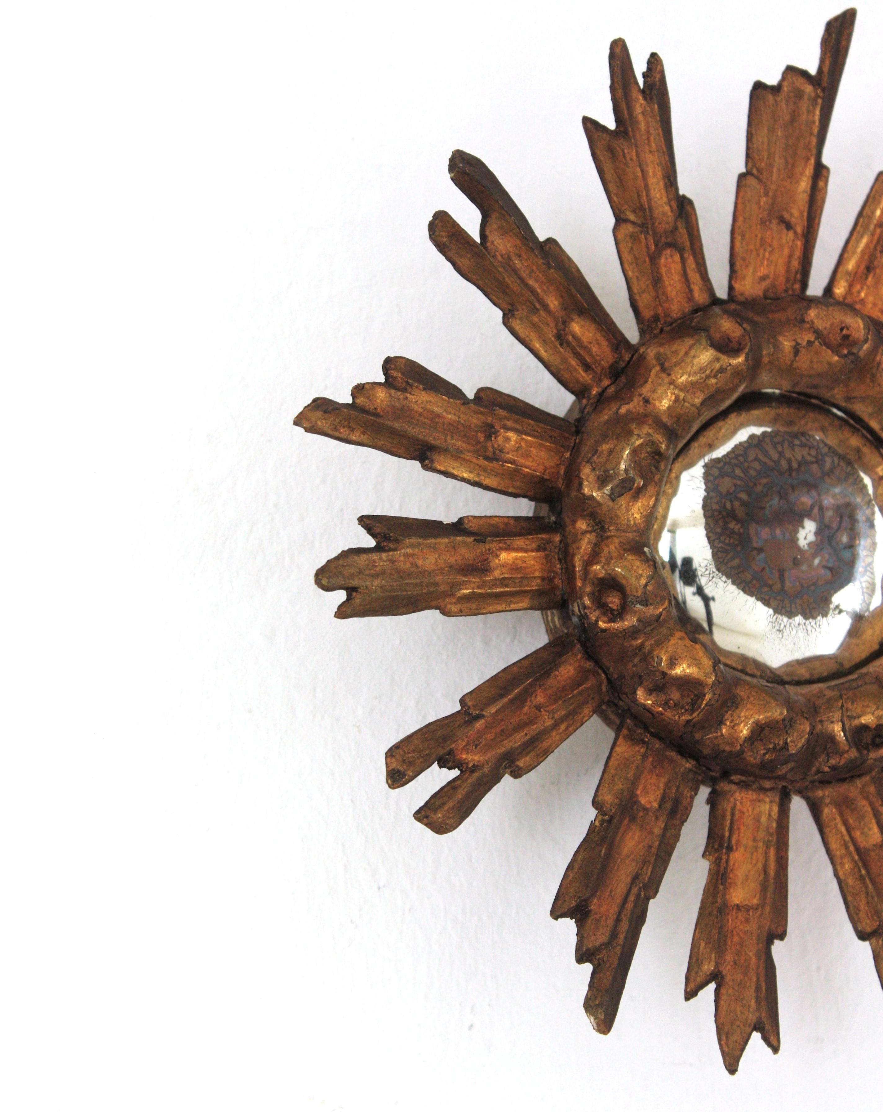 20th Century Spanish Baroque Giltwood Convex Sunburst Mirror Miniature, 1940s For Sale