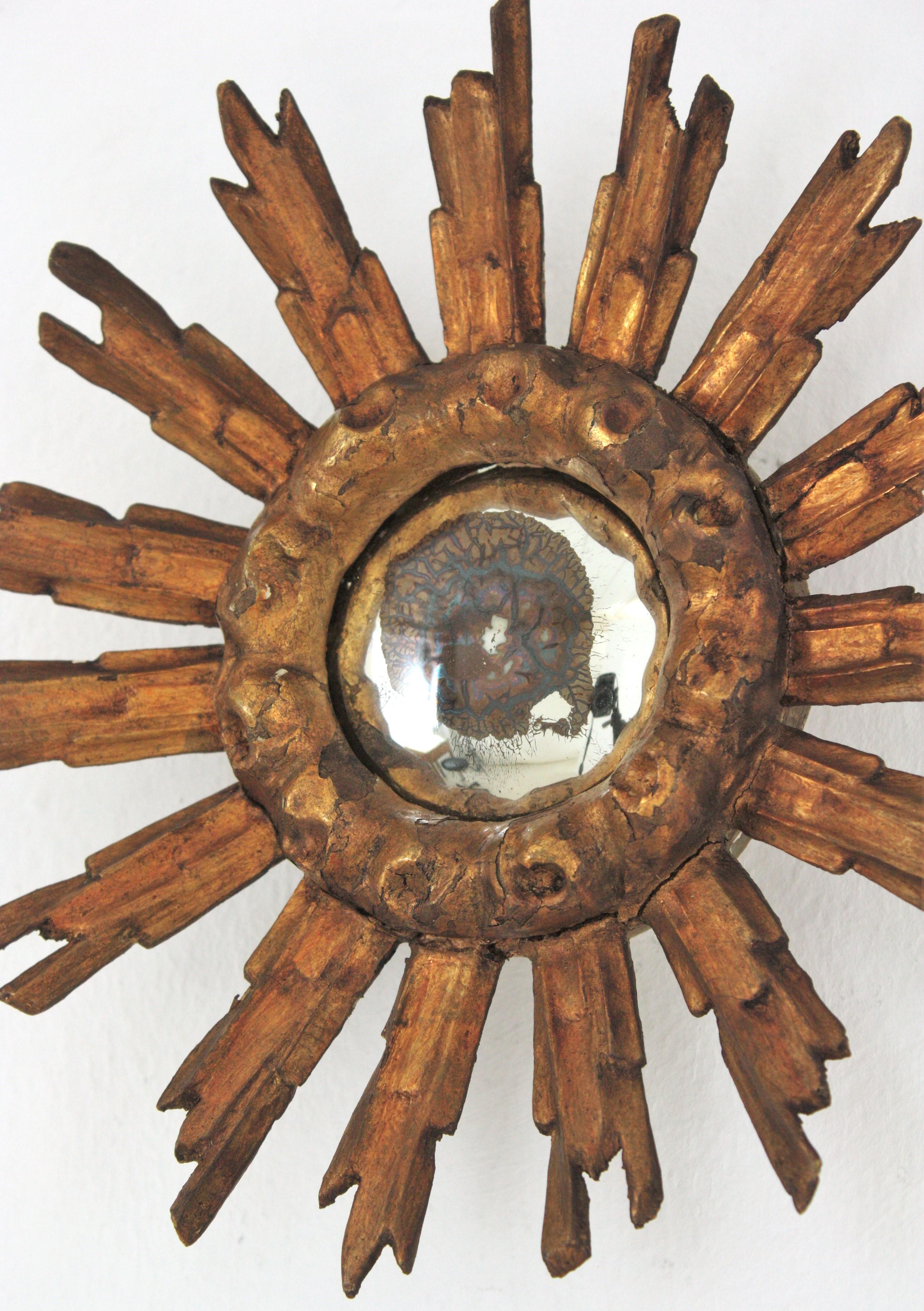 Spanish Baroque Giltwood Convex Sunburst Mirror Miniature, 1940s For Sale 2