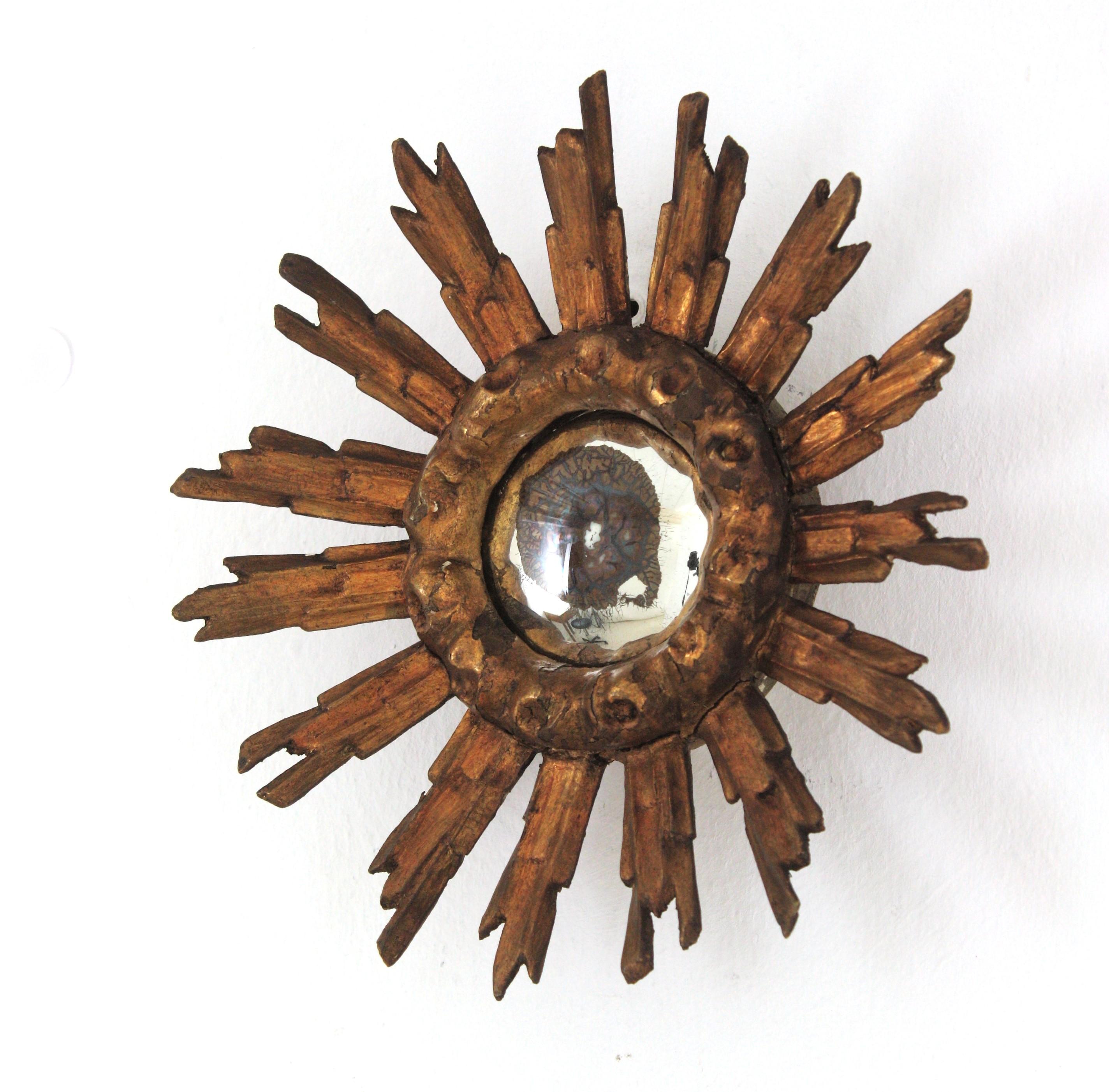 Spanish Baroque Giltwood Convex Sunburst Mirror Miniature, 1940s For Sale 3