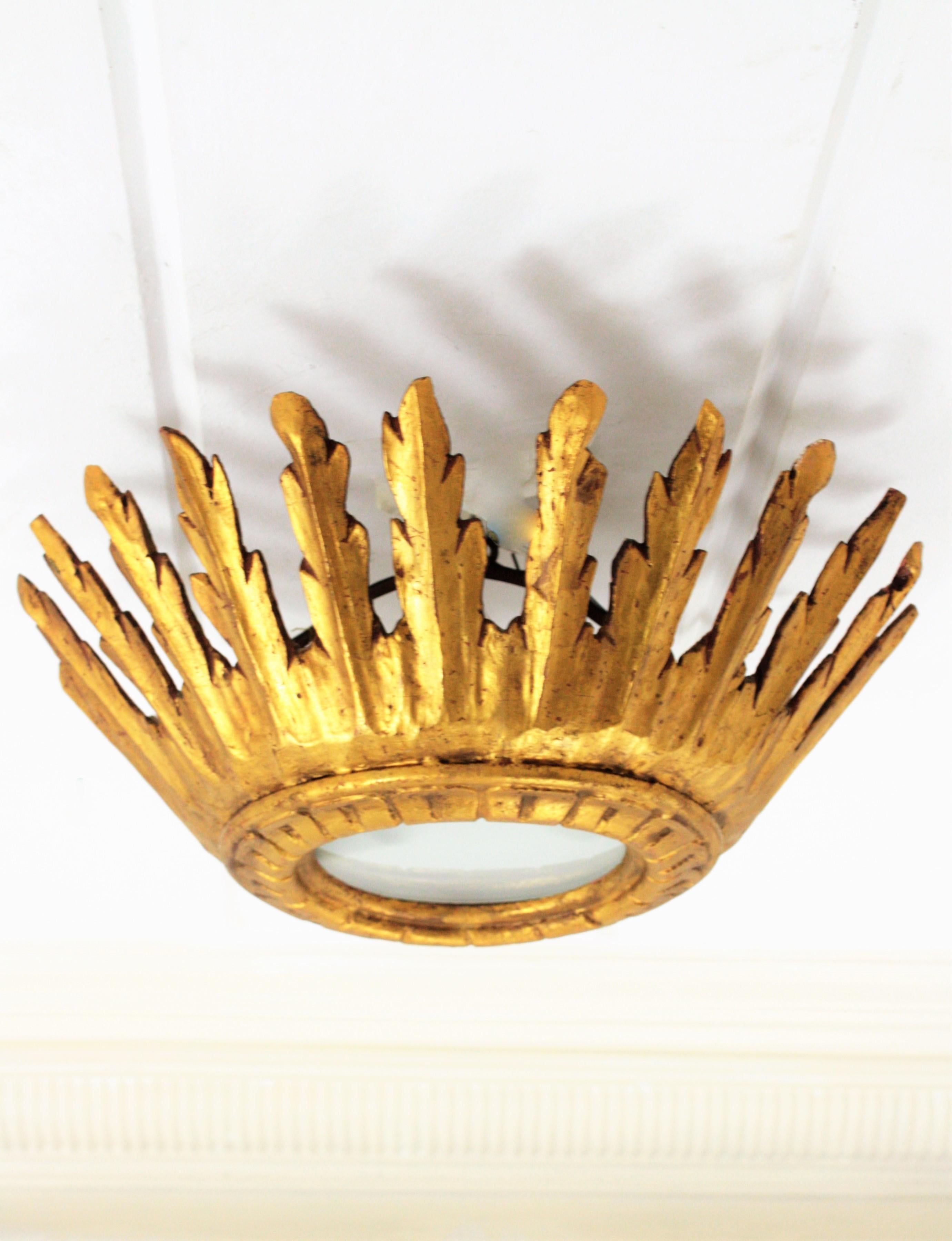 Spanish Baroque Giltwood Crown Sunburst Ceiling Light Fixture with Frosted Glass 2