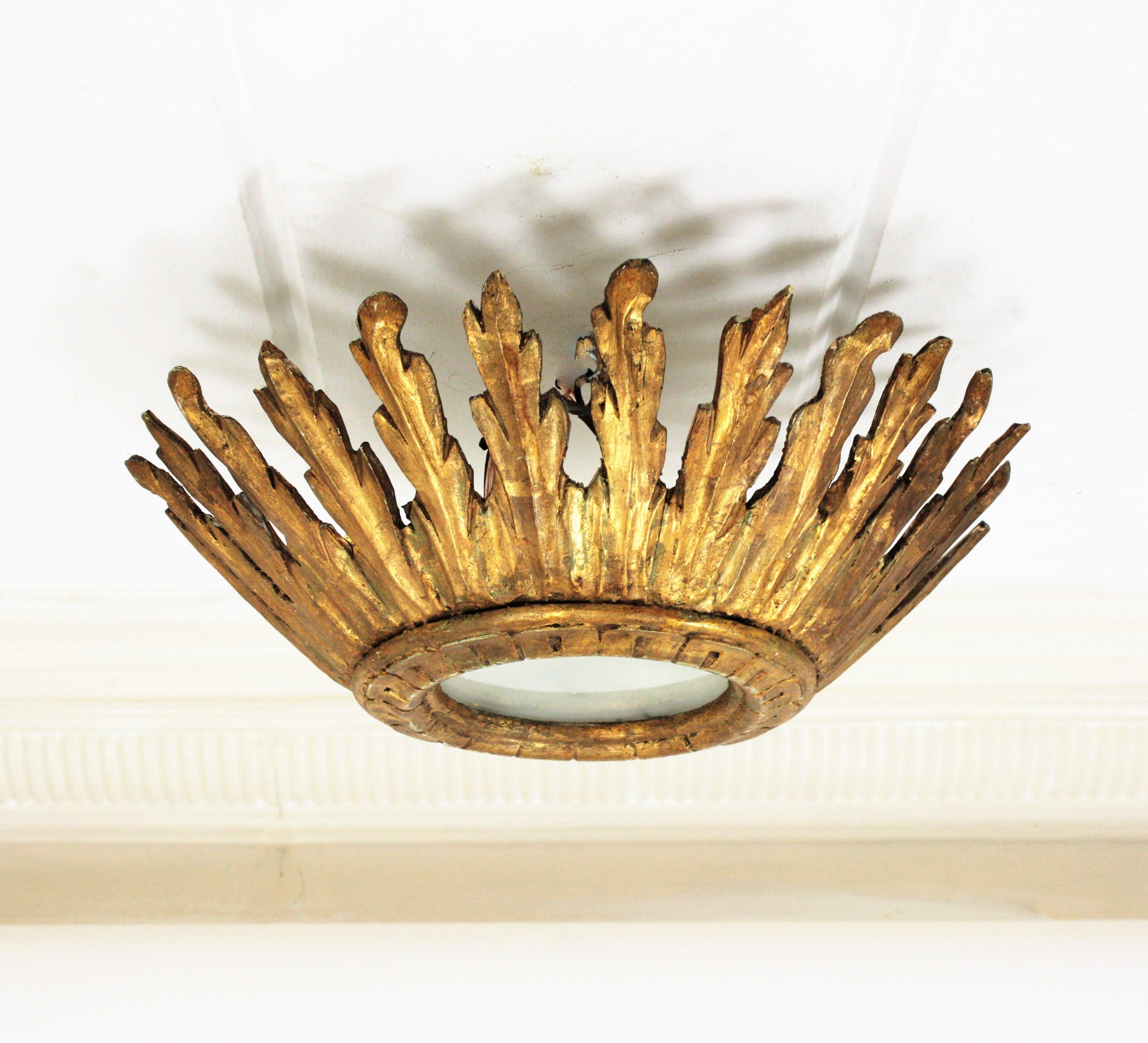 Sunburst Crown Ceiling Flush Mount Light Fixture in Giltwood, Spanish Baroque For Sale 4