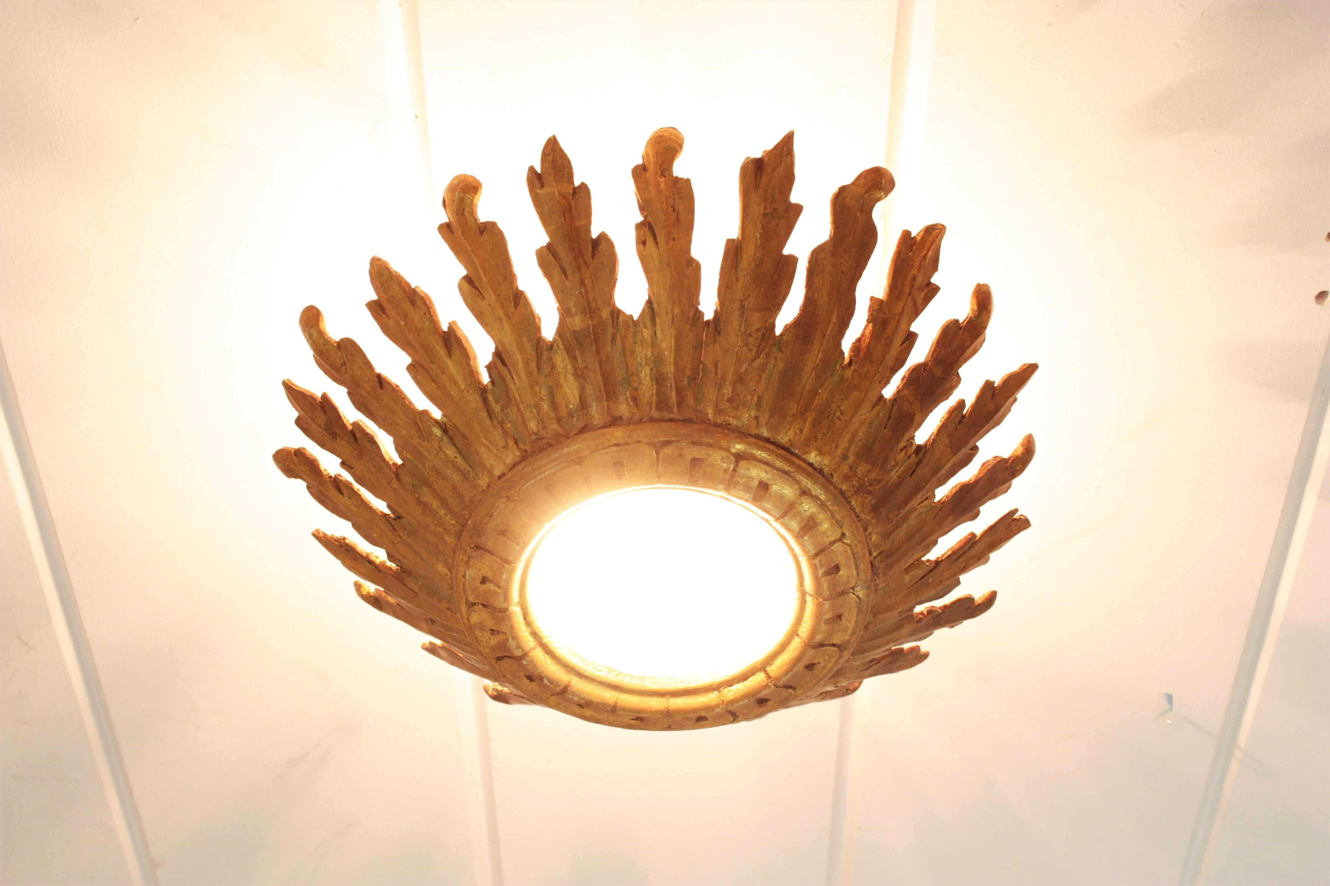 Sunburst Crown Ceiling Flush Mount Light Fixture in Giltwood, Spanish Baroque For Sale 6