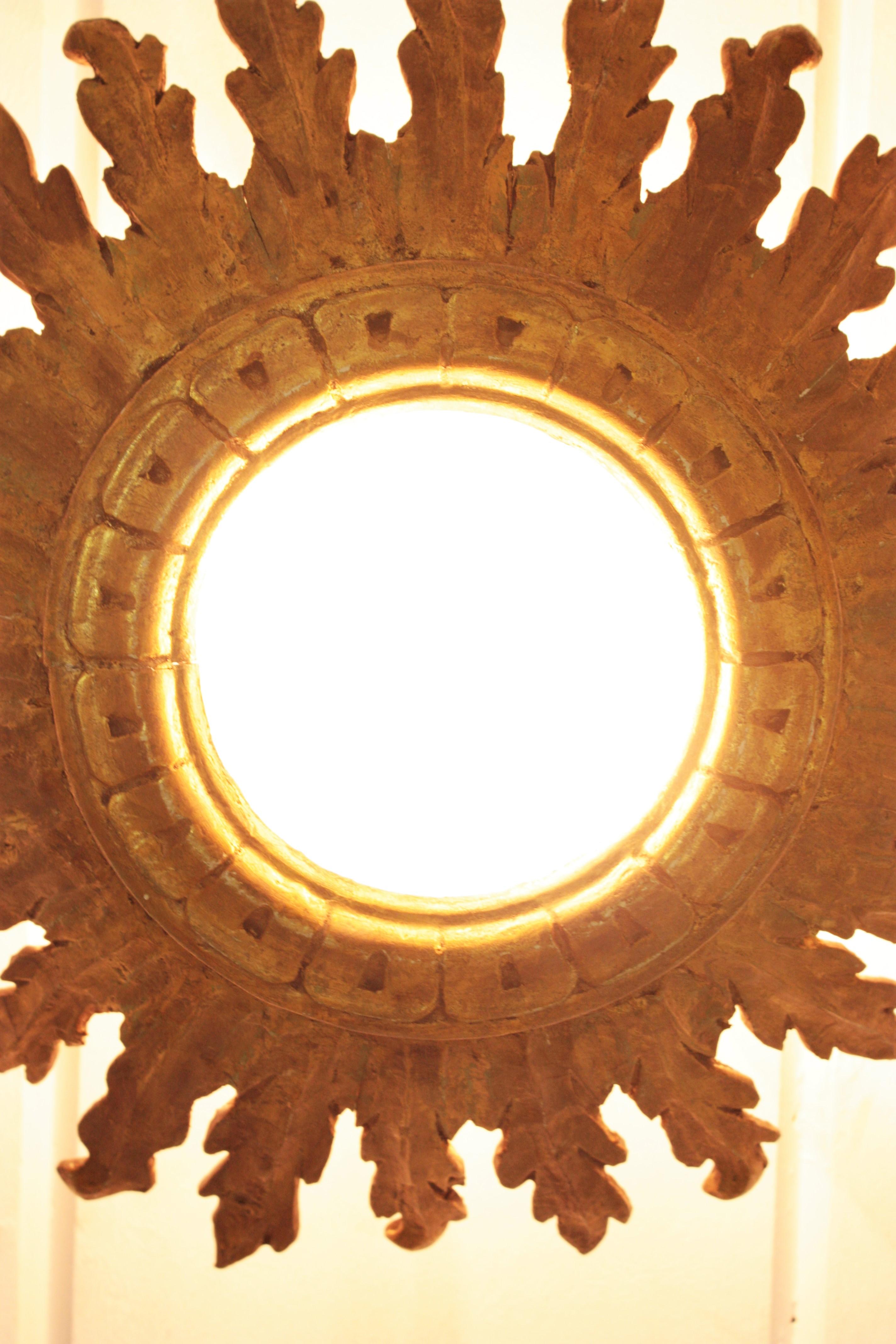 Sunburst Crown Ceiling Flush Mount Light Fixture in Giltwood, Spanish Baroque For Sale 7