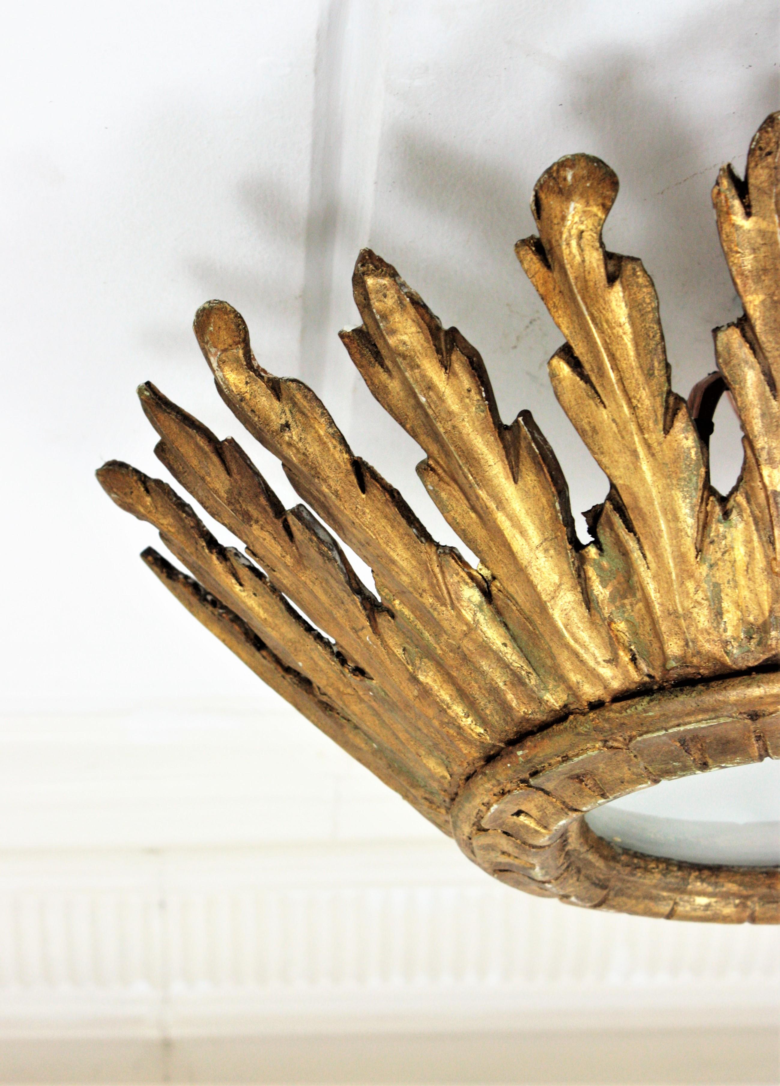 Sunburst Crown Ceiling Flush Mount Light Fixture in Giltwood, Spanish Baroque For Sale 9