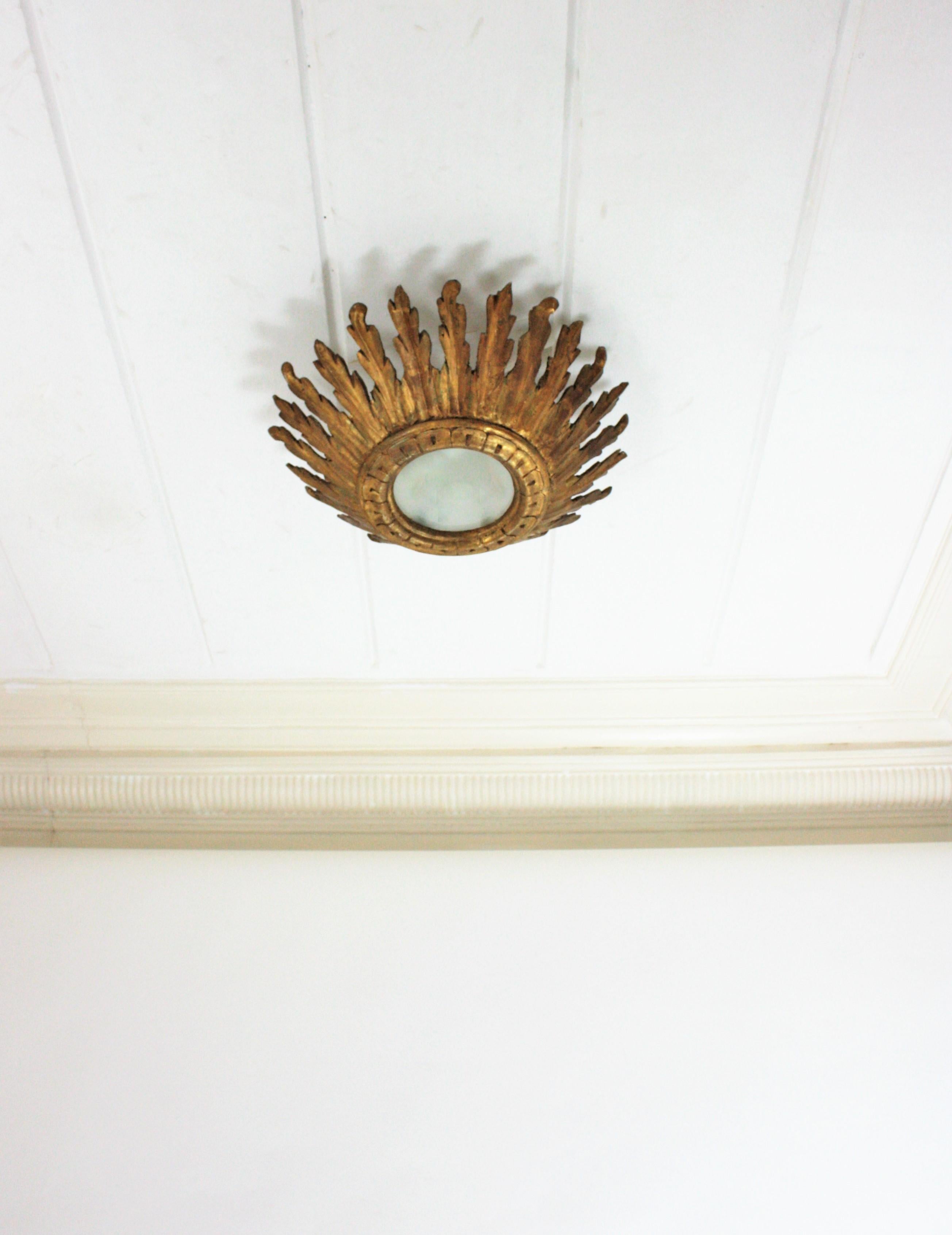Sunburst Crown Ceiling Flush Mount Light Fixture in Giltwood, Spanish Baroque For Sale 11