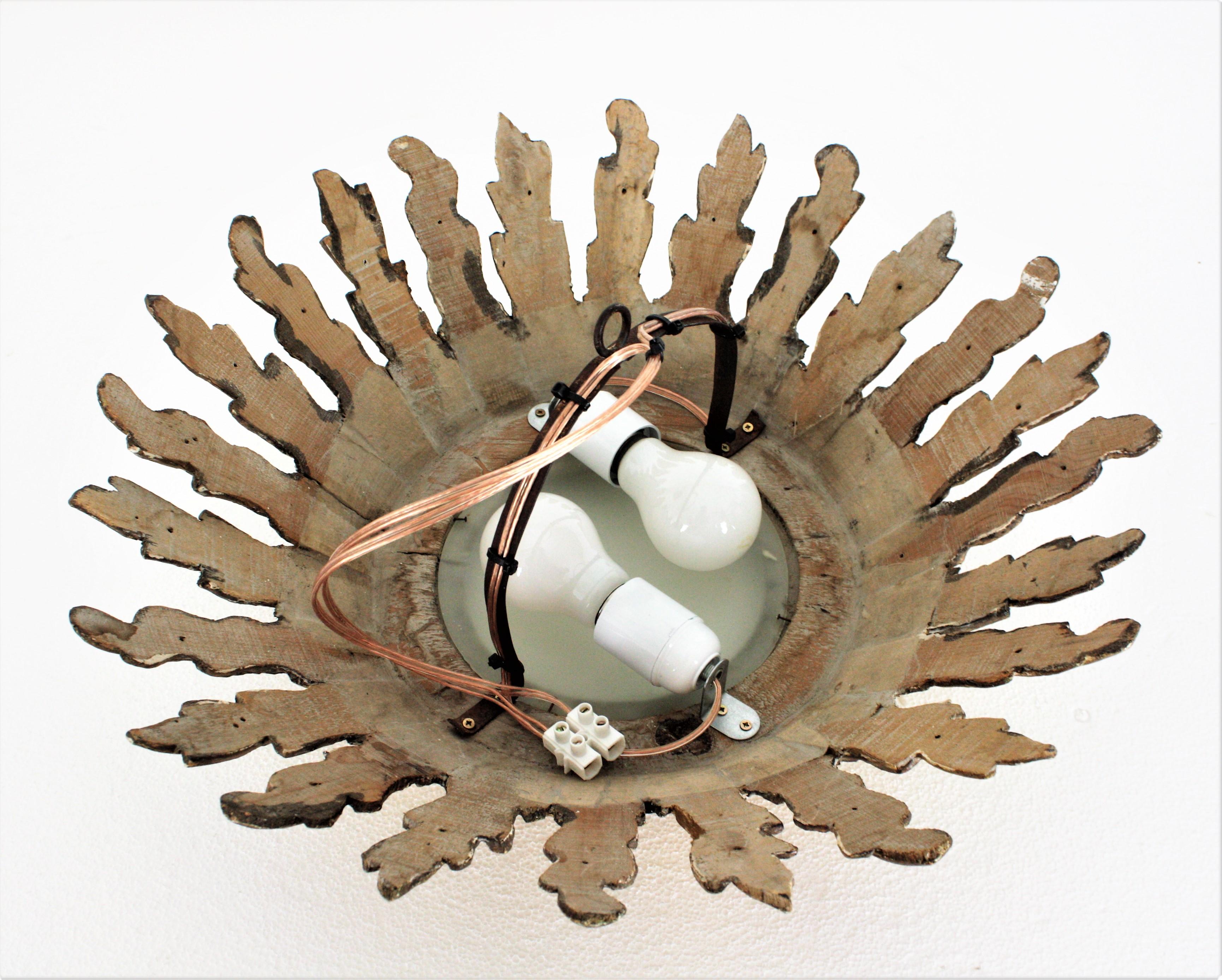 Sunburst Crown Ceiling Flush Mount Light Fixture in Giltwood, Spanish Baroque For Sale 11