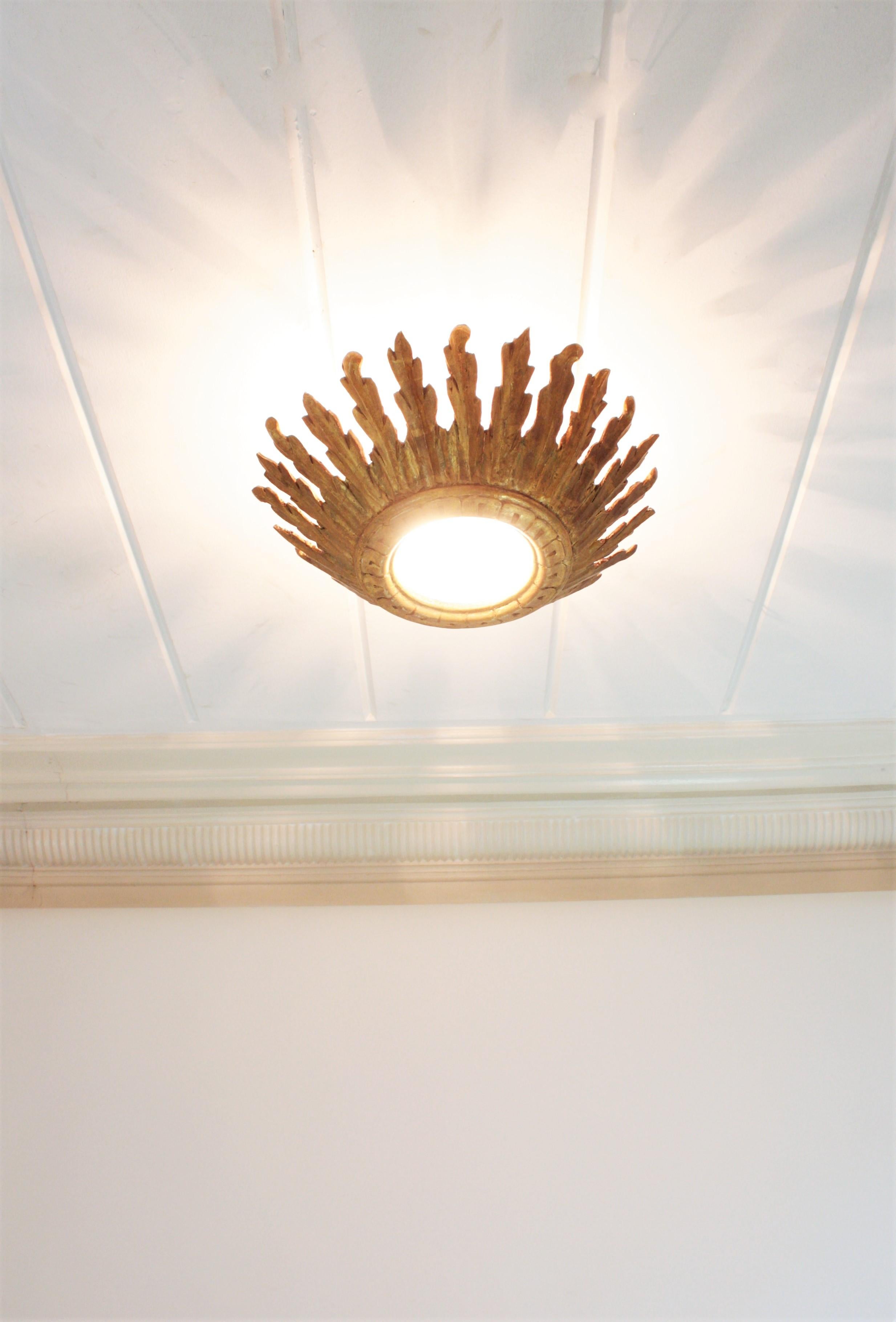 Sunburst Crown Ceiling Flush Mount Light Fixture in Giltwood, Spanish Baroque For Sale 13