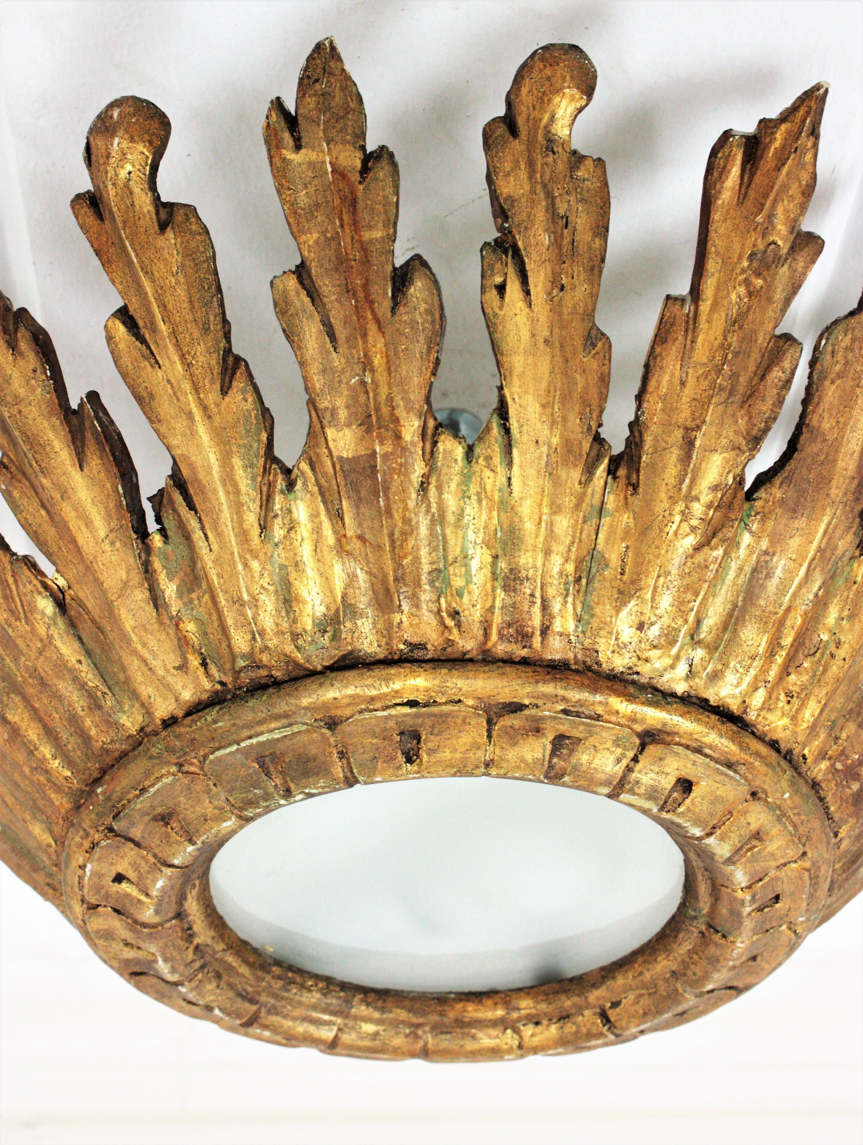 Gold Leaf Sunburst Crown Ceiling Flush Mount Light Fixture in Giltwood, Spanish Baroque For Sale