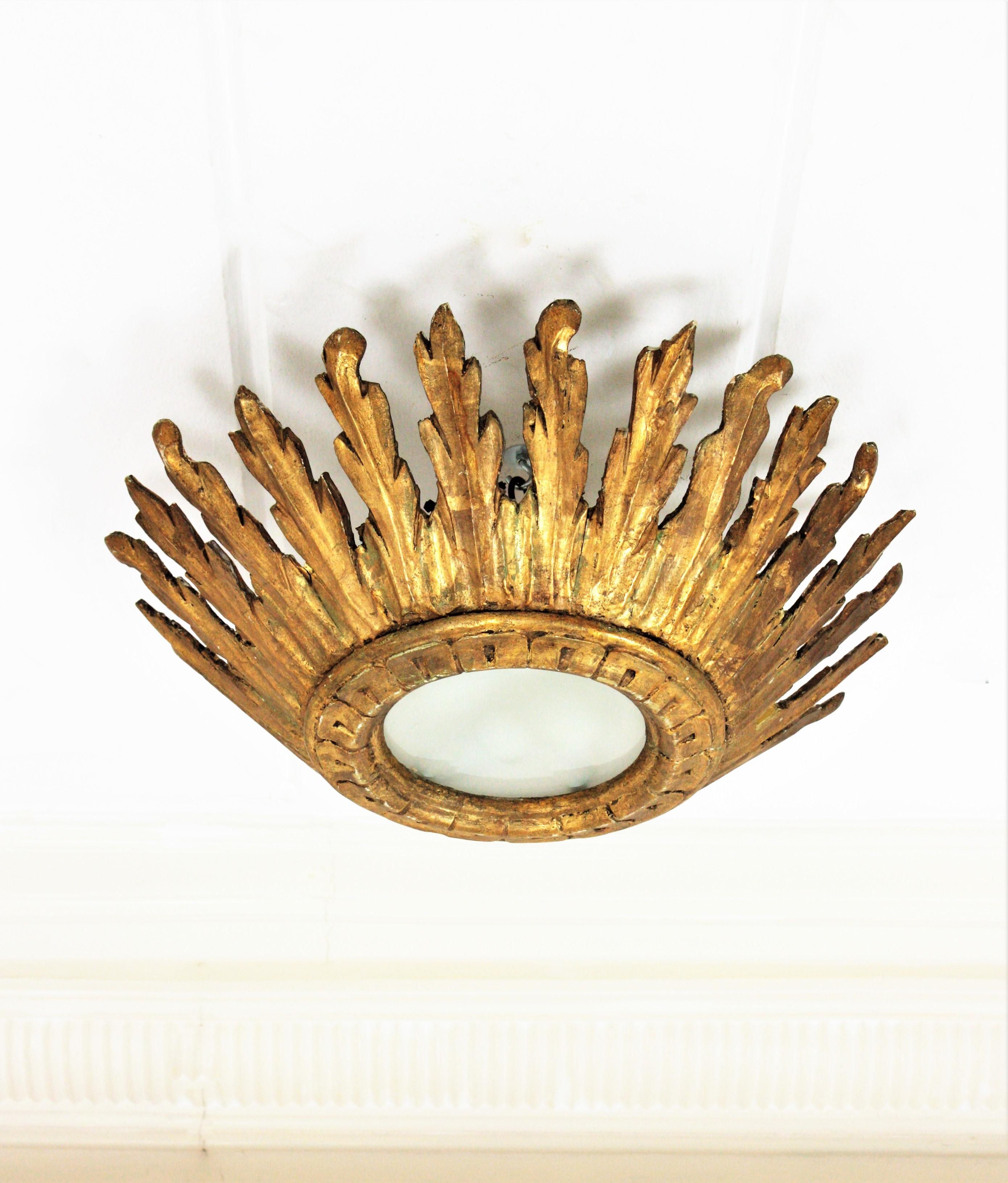 Sunburst Crown Ceiling Flush Mount Light Fixture in Giltwood, Spanish Baroque For Sale 1