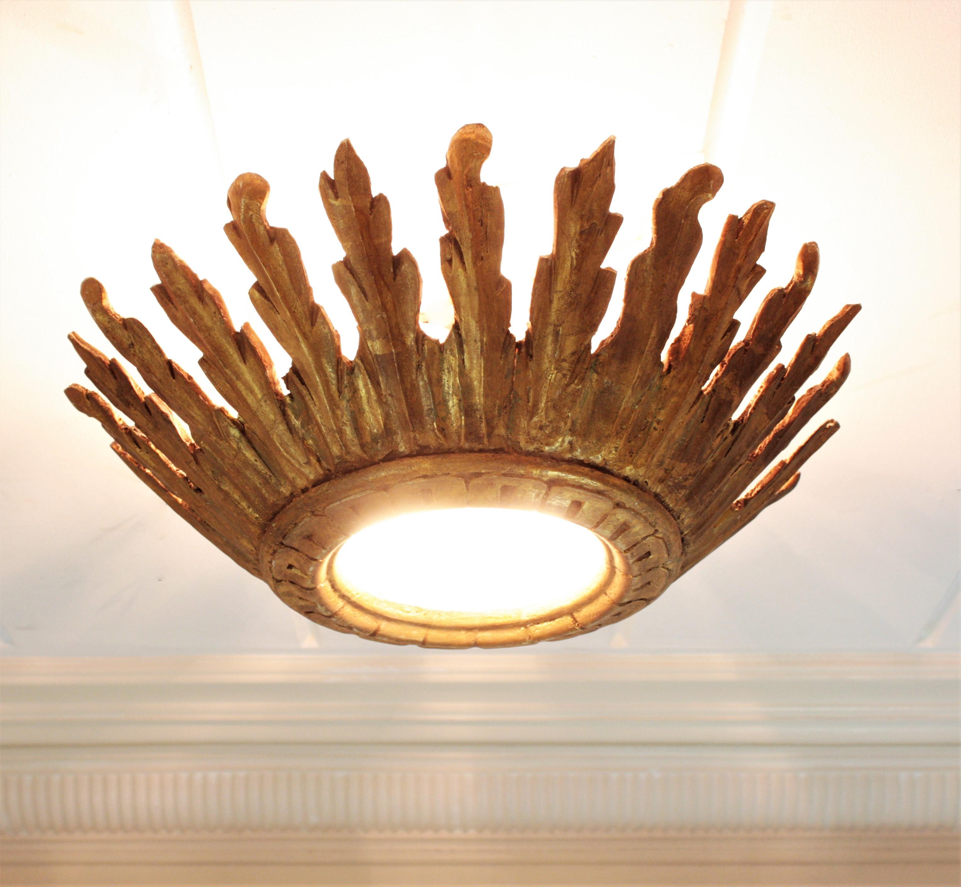 Sunburst Crown Ceiling Flush Mount Light Fixture in Giltwood, Spanish Baroque For Sale 2