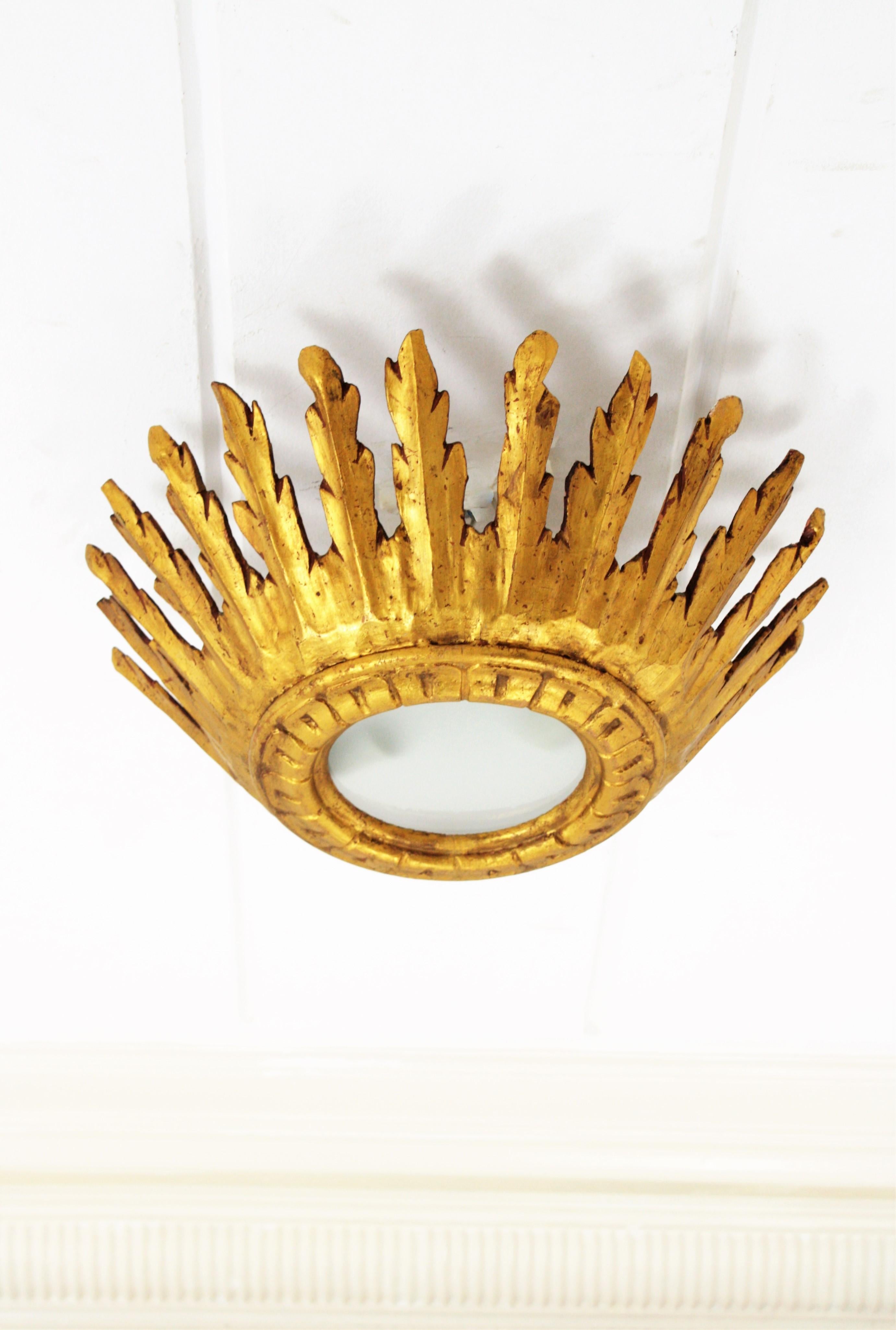 Spanish Baroque Giltwood Crown Sunburst Ceiling Light Fixture with Frosted Glass 4