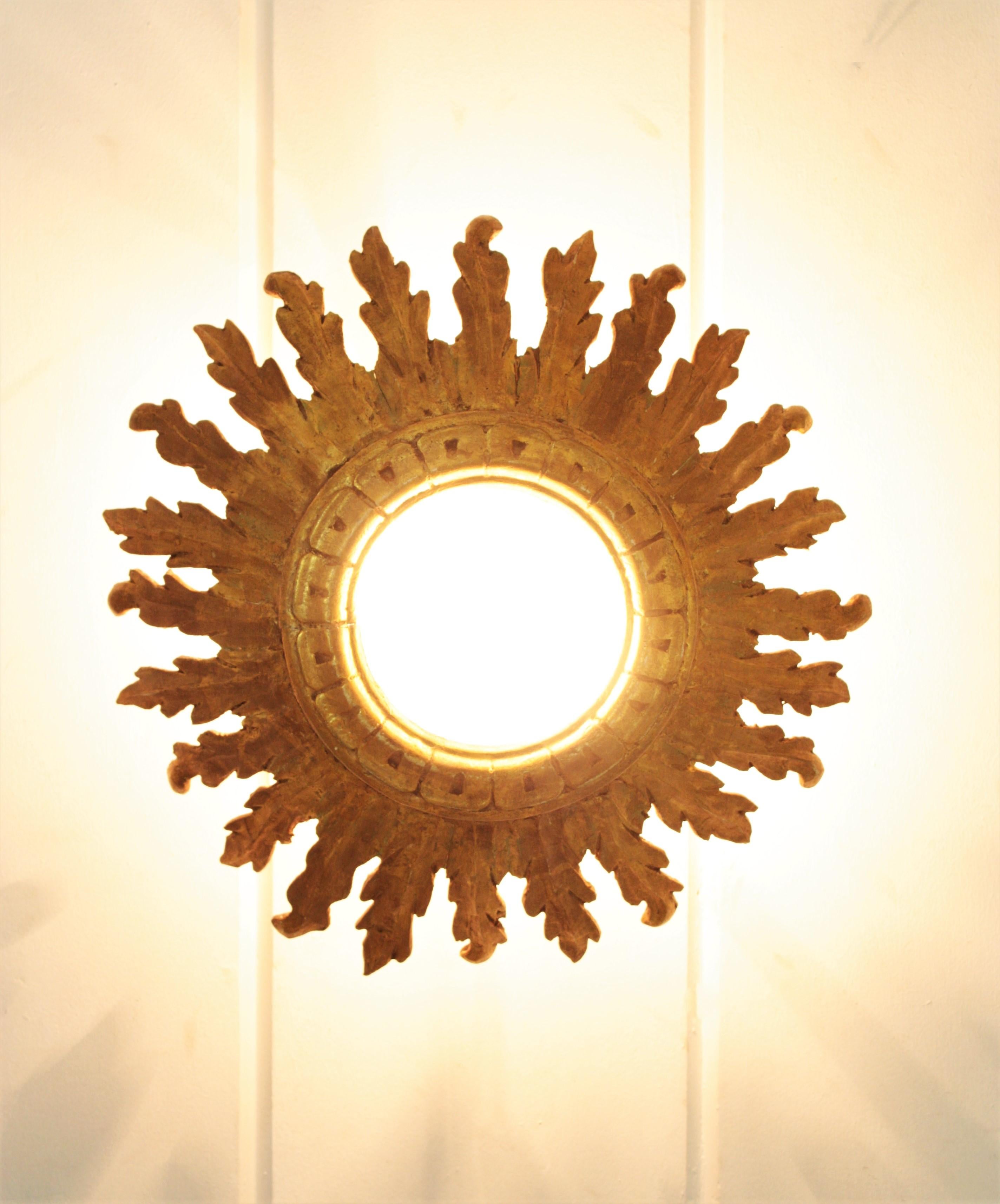 Sunburst Crown Ceiling Flush Mount Light Fixture in Giltwood, Spanish Baroque For Sale 4