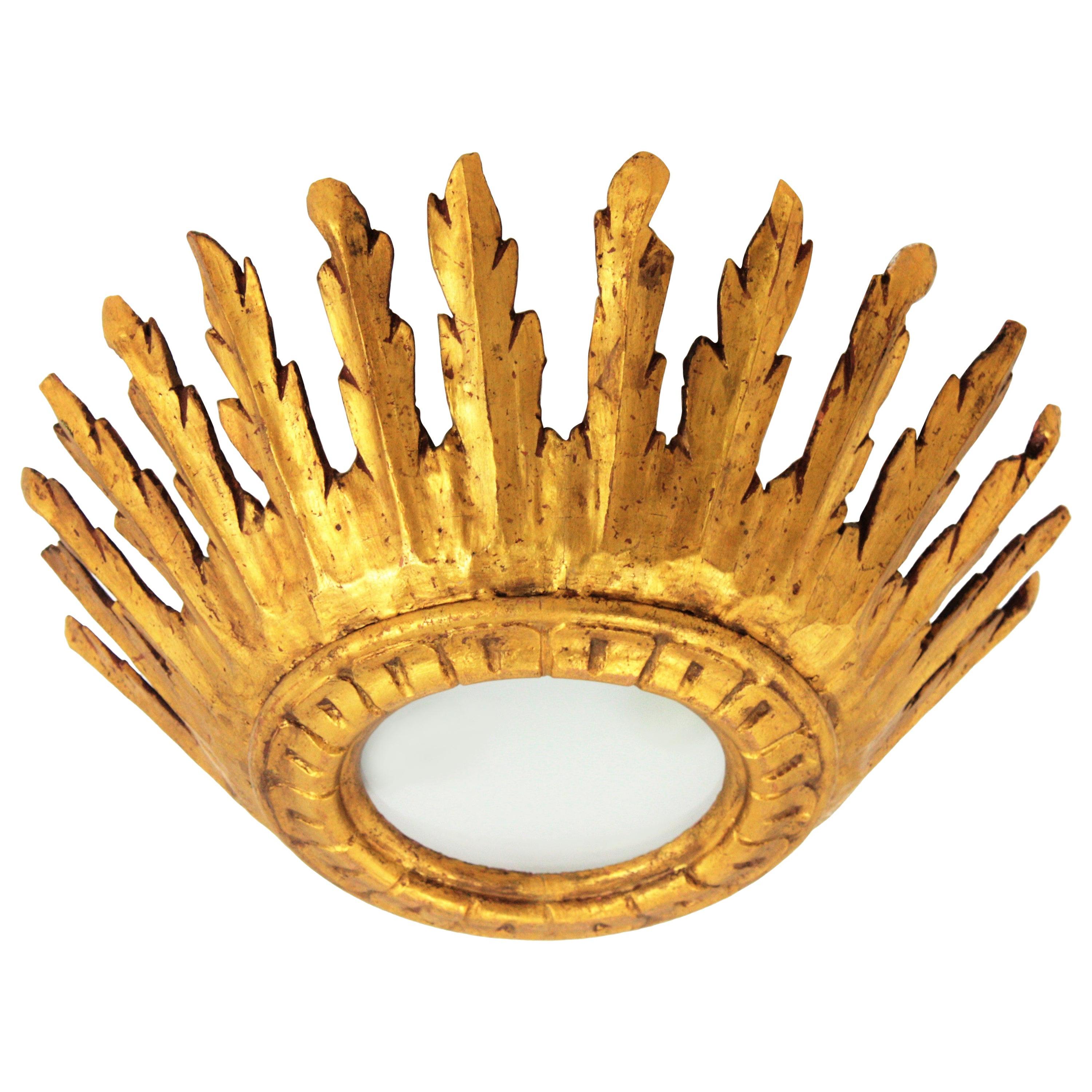 Spanish Baroque Giltwood Crown Sunburst Ceiling Light Fixture with Frosted Glass