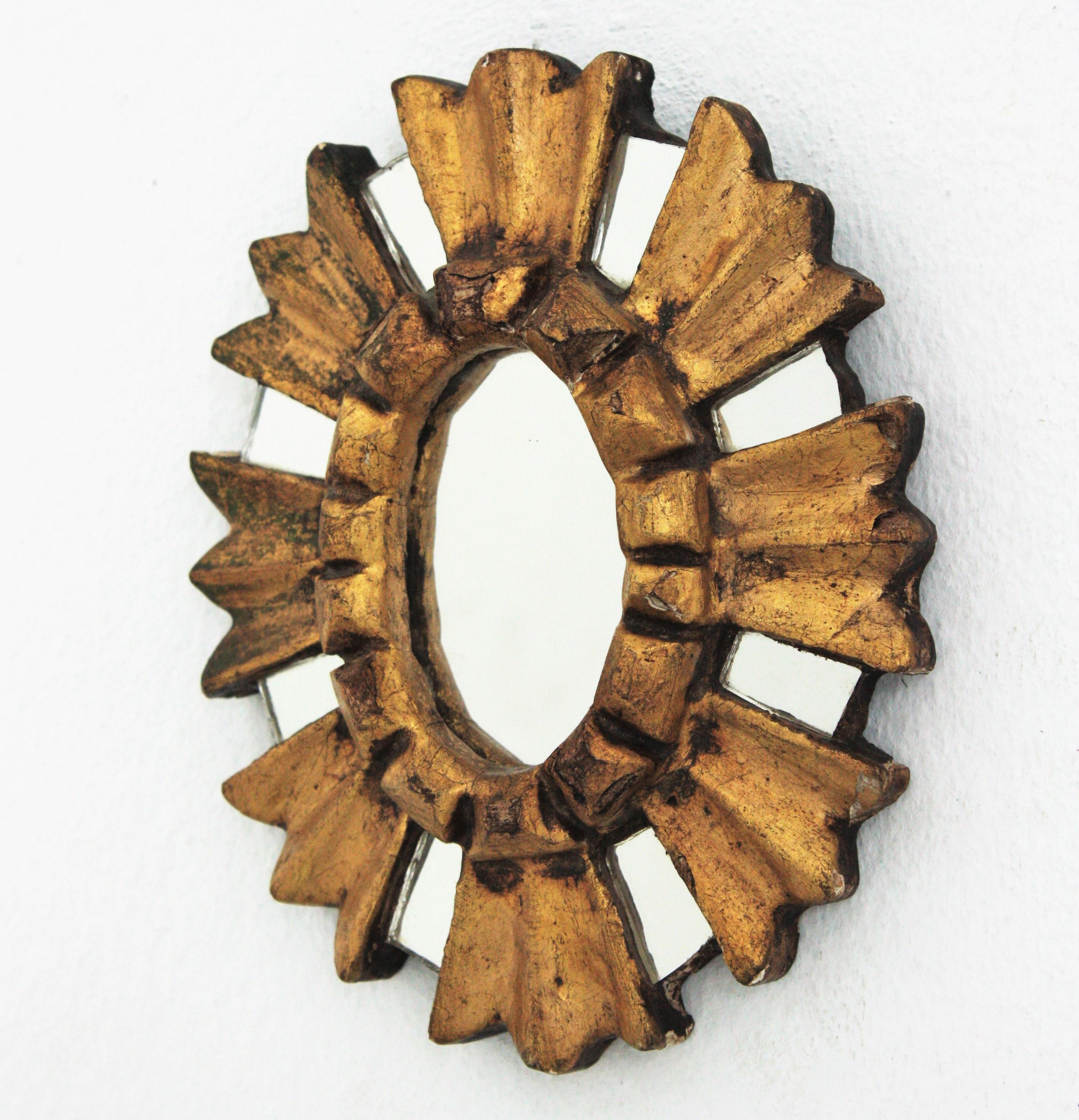 Spanish Baroque Giltwood Mini Sunburst Oval Mirror For Sale 1