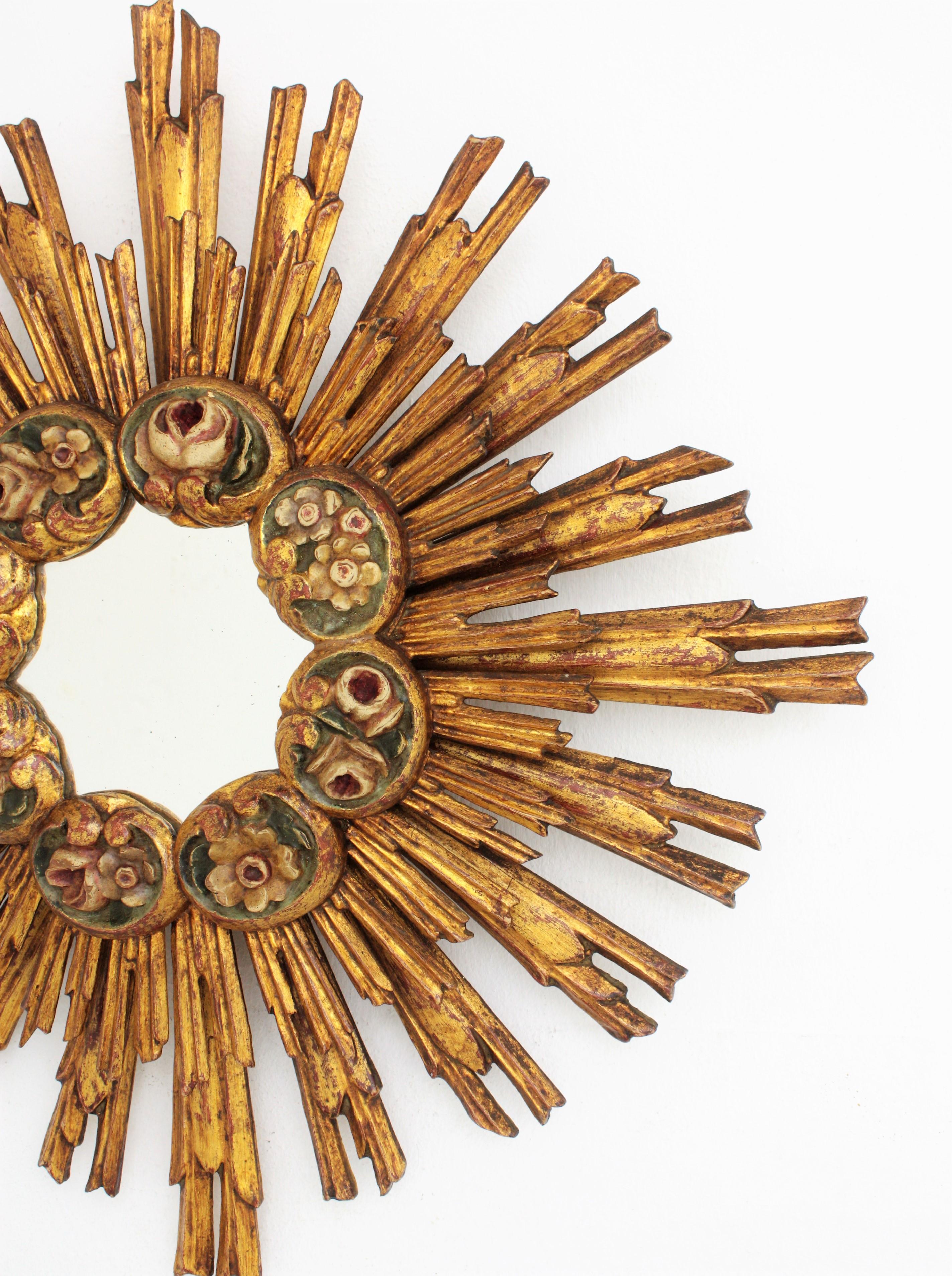 Spanish Baroque Giltwood Sunburst Starburst Mirror with Flower Details 5