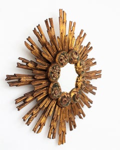 Spanish Baroque Giltwood Sunburst Starburst Mirror with Flower Details