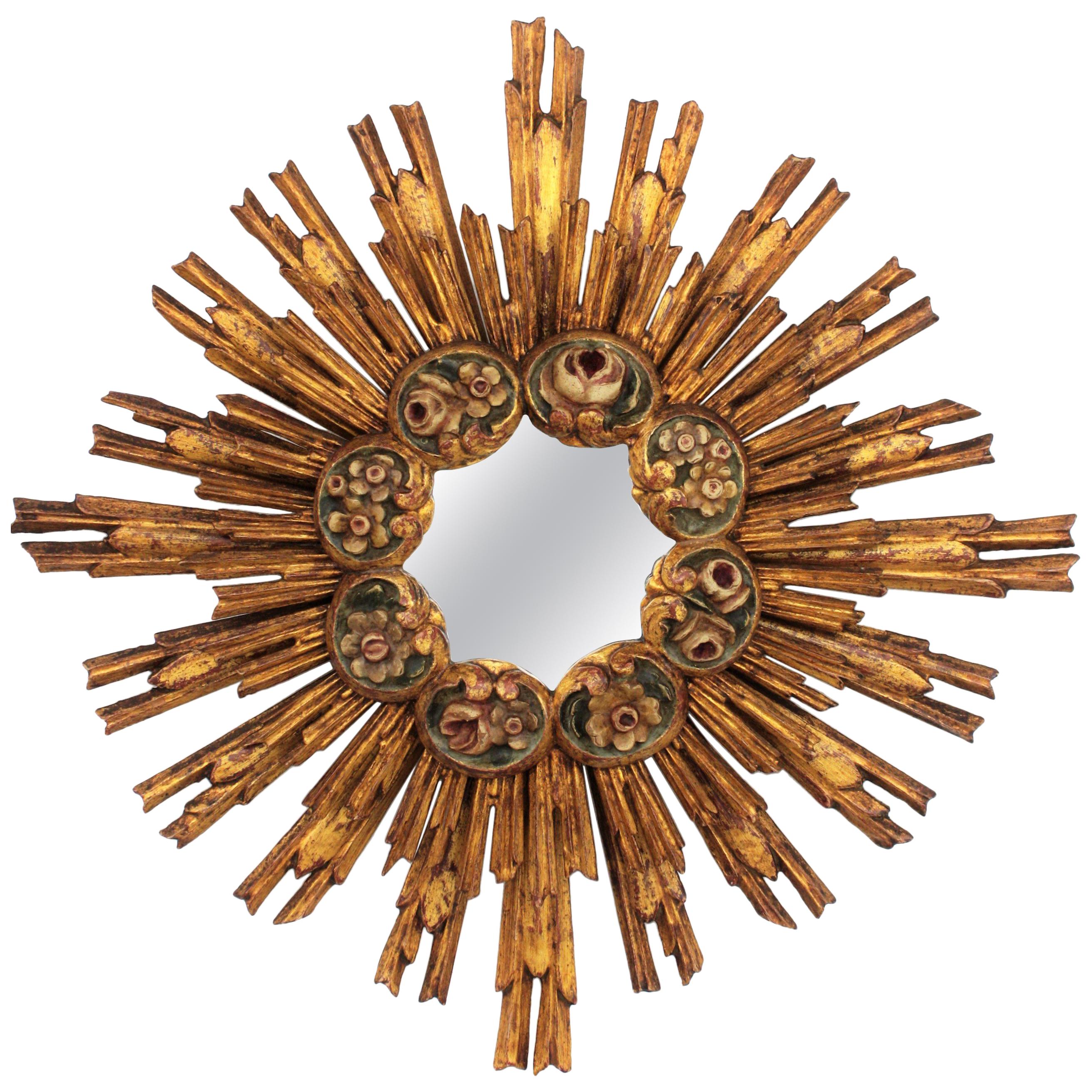 Hand-Carved Spanish Baroque Giltwood Sunburst Starburst Mirror with Flower Details