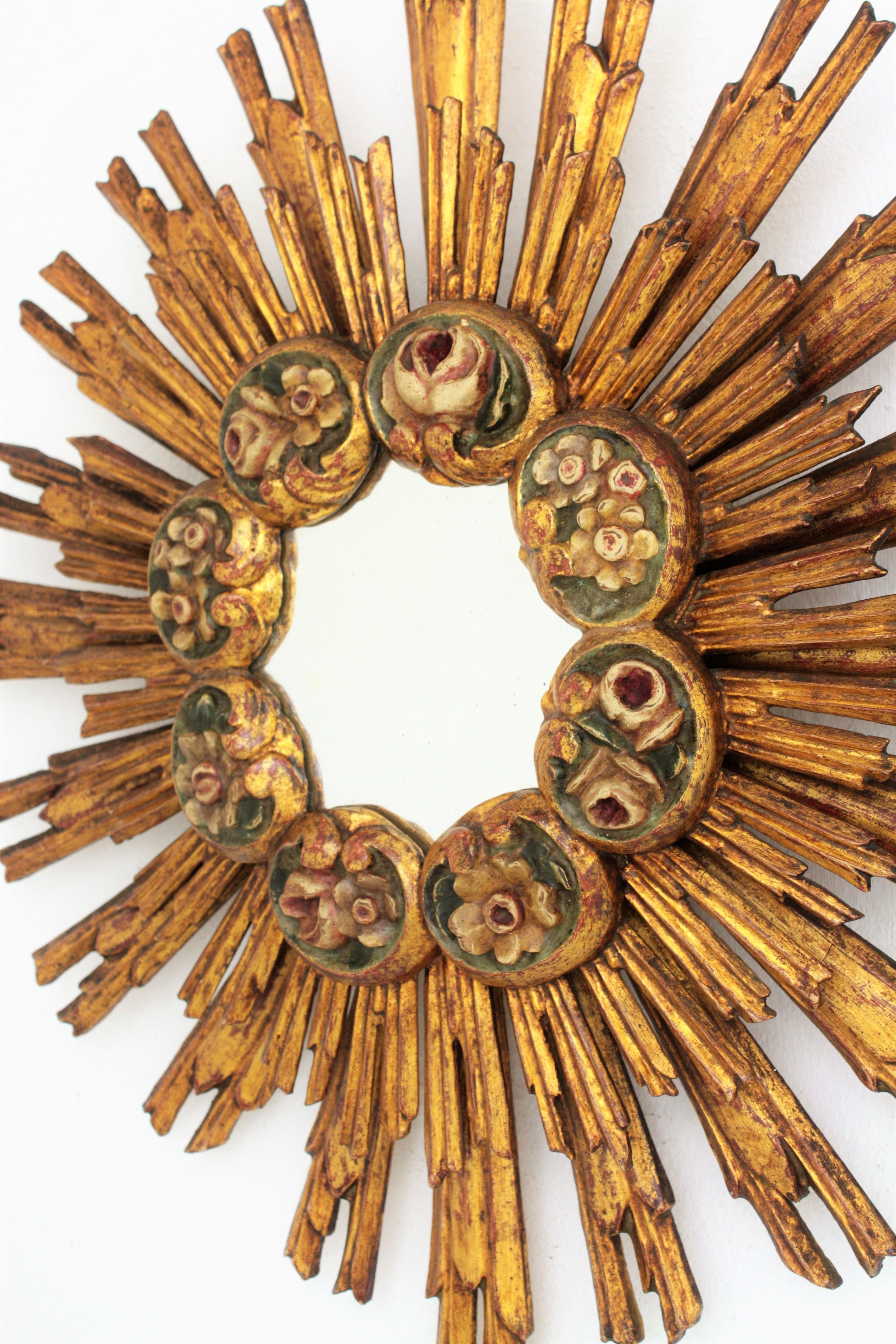 20th Century Spanish Baroque Giltwood Sunburst Starburst Mirror with Flower Details