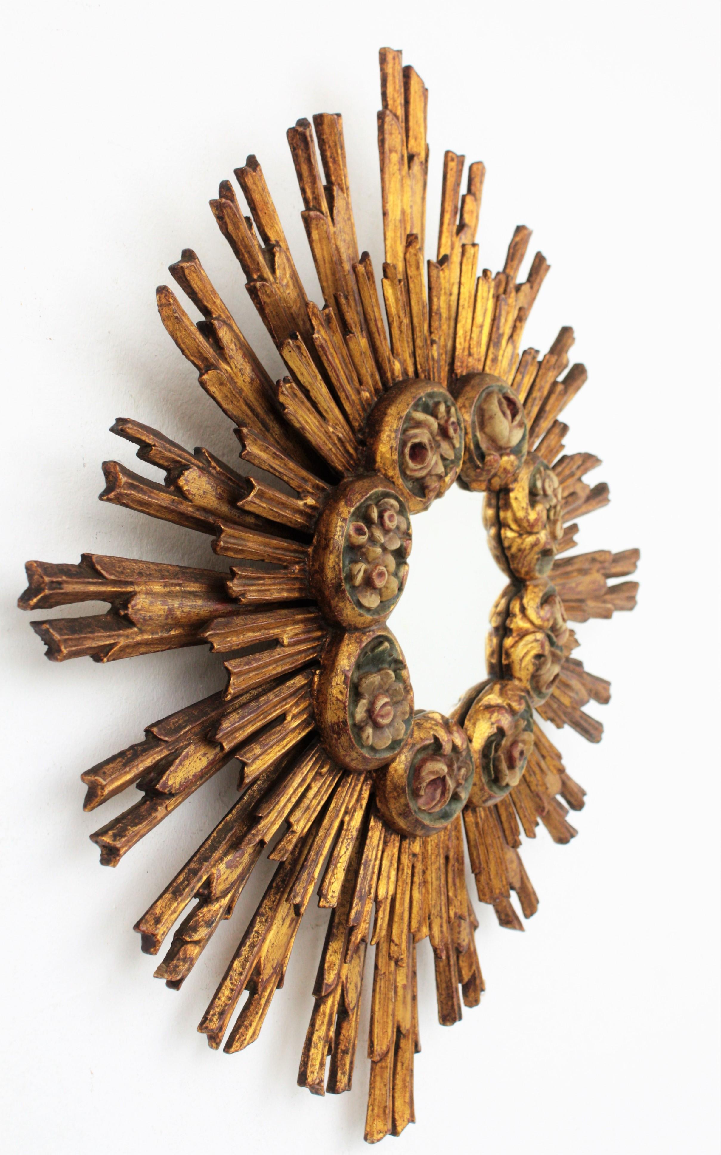 Spanish Baroque Giltwood Sunburst Starburst Mirror with Flower Details 1