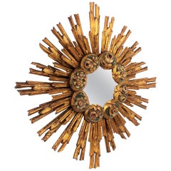 Spanish Baroque Giltwood Sunburst Starburst Mirror with Flower Details