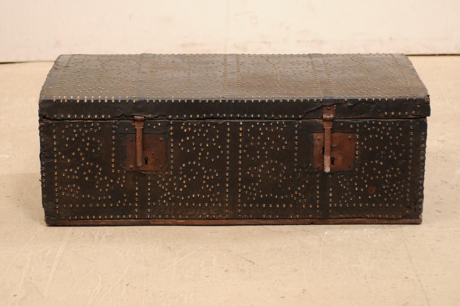 18th Century and Earlier Spanish Baroque Leather-Wrapped Coffer Adorn with Brass Accents, 18th Century For Sale