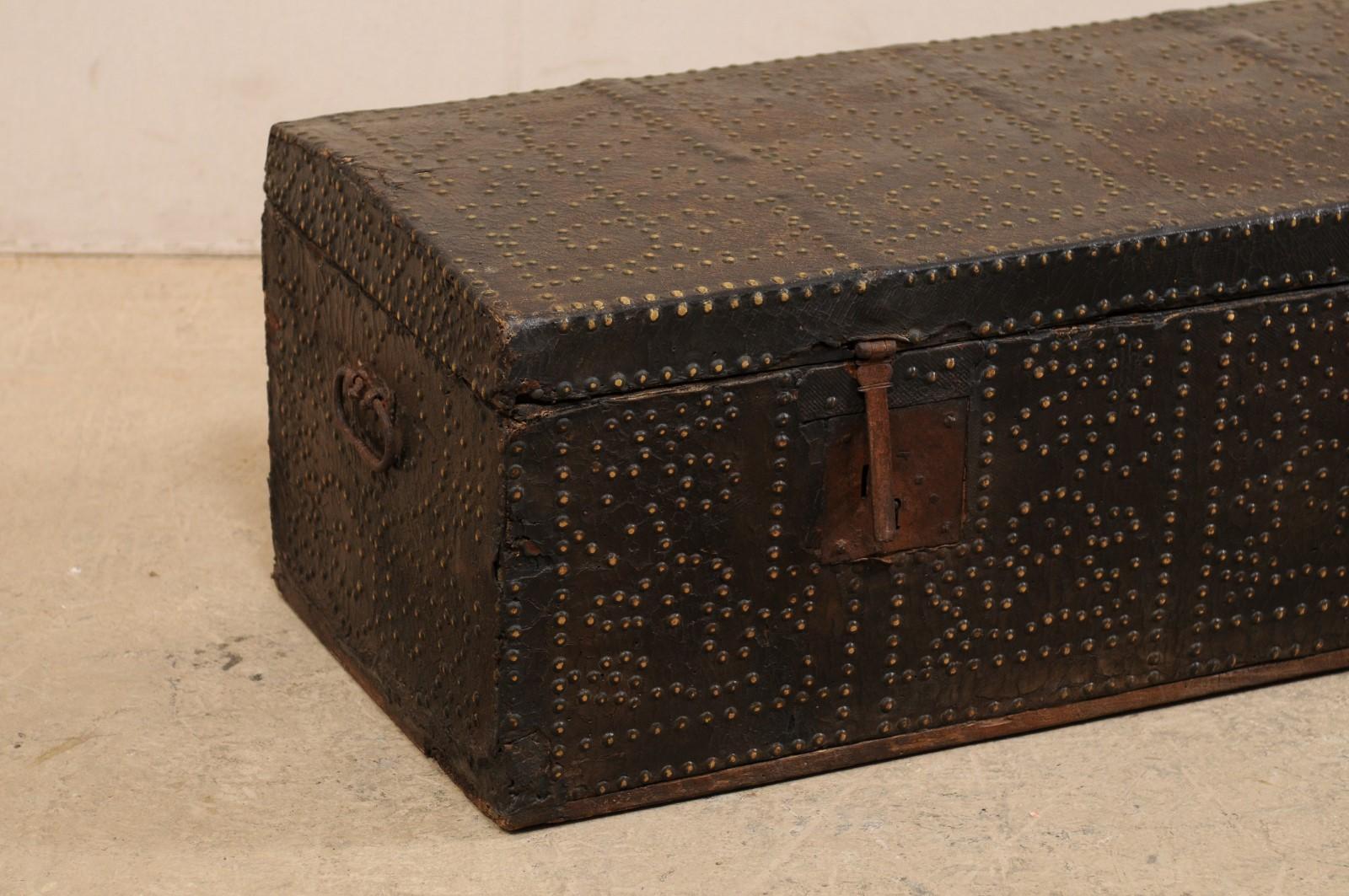 Spanish Baroque Leather-Wrapped Coffer Adorn with Brass Accents, 18th Century For Sale 1