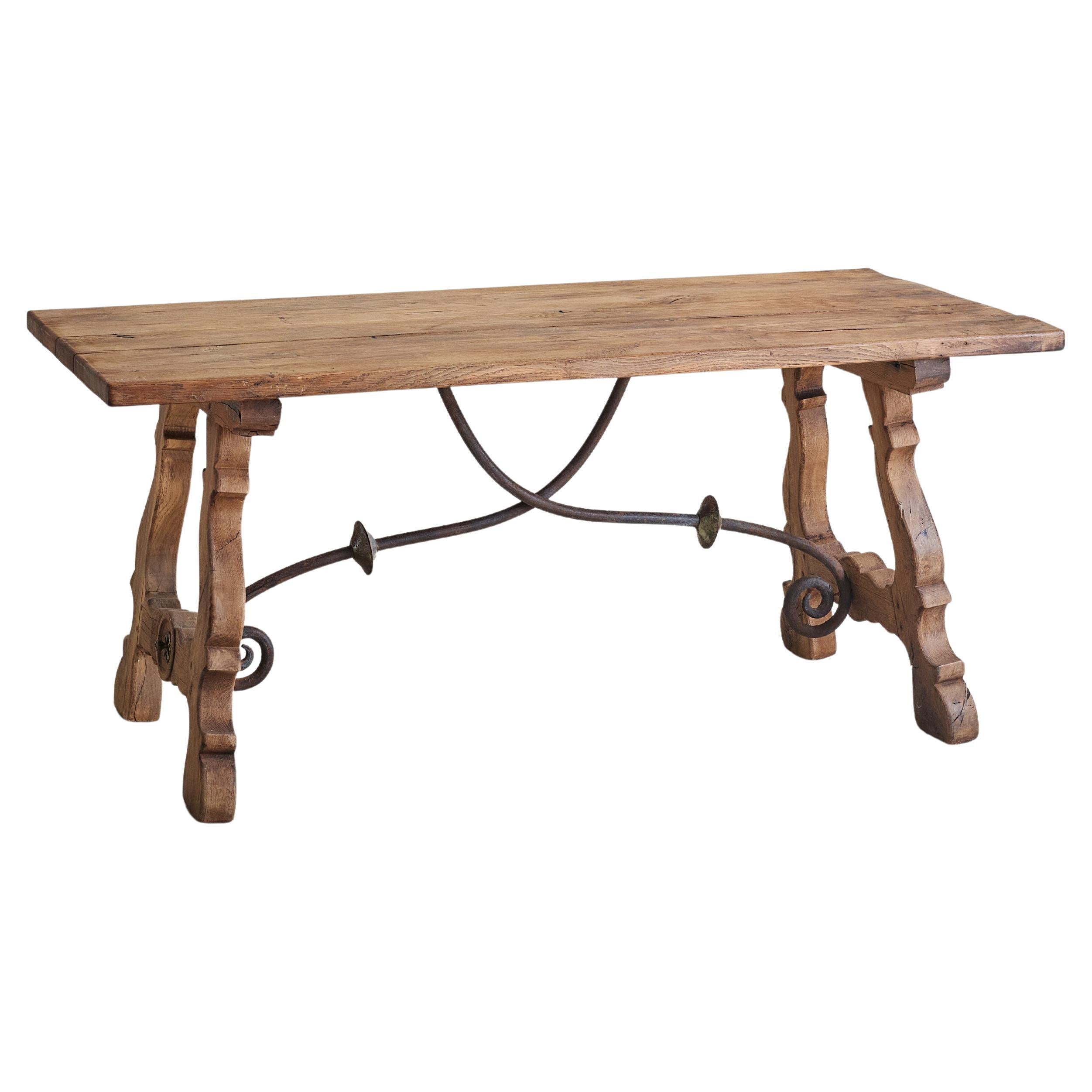 Spanish Baroque Oak + Wrought Iron Dining Table, 19th Century