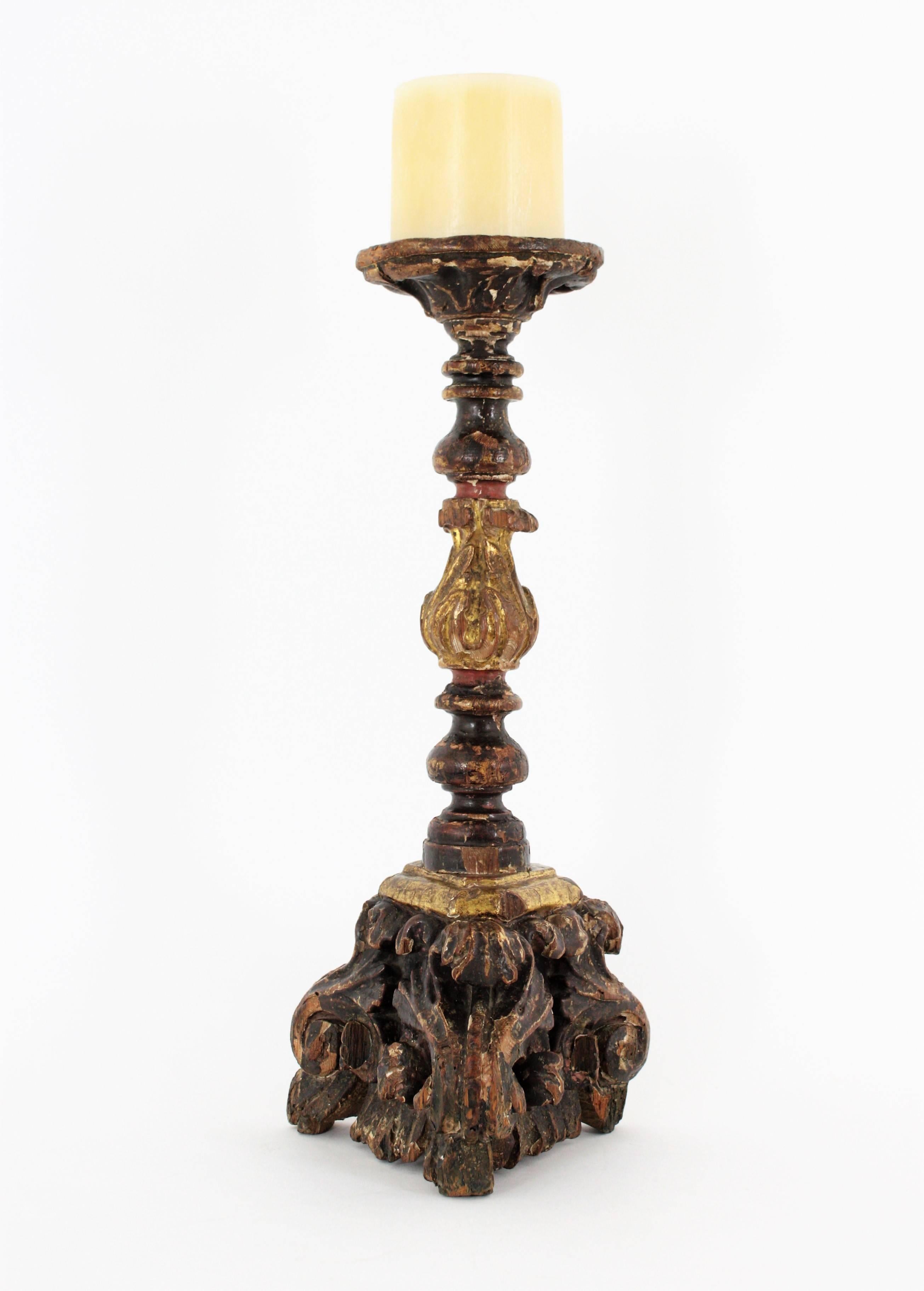 18th Century Spanish Baroque Parcel-Gilt Candlestick / Torchère, Carved Wood and Polichromy
