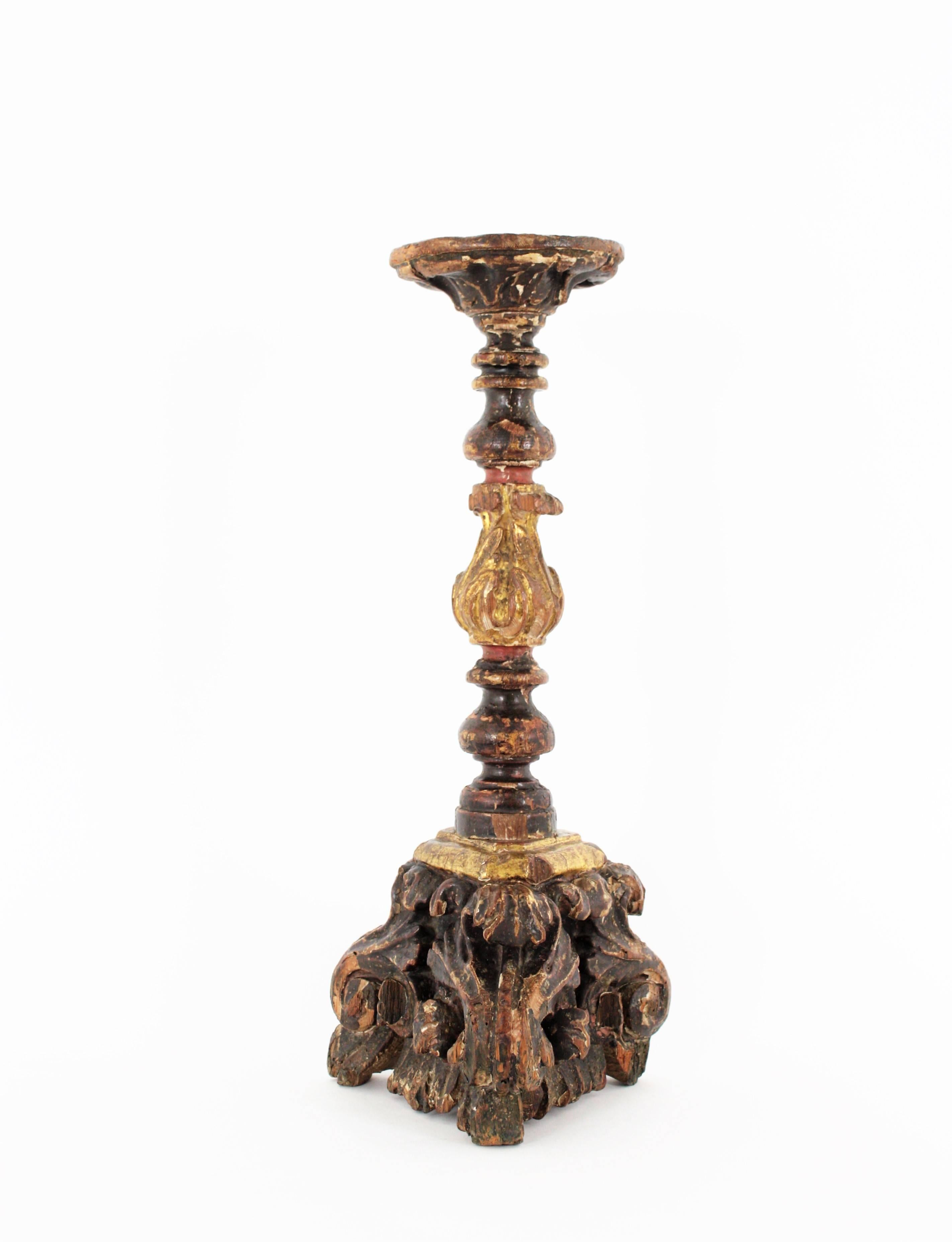 Spanish Baroque Parcel-Gilt Candlestick / Torchère, Carved Wood and Polichromy 1