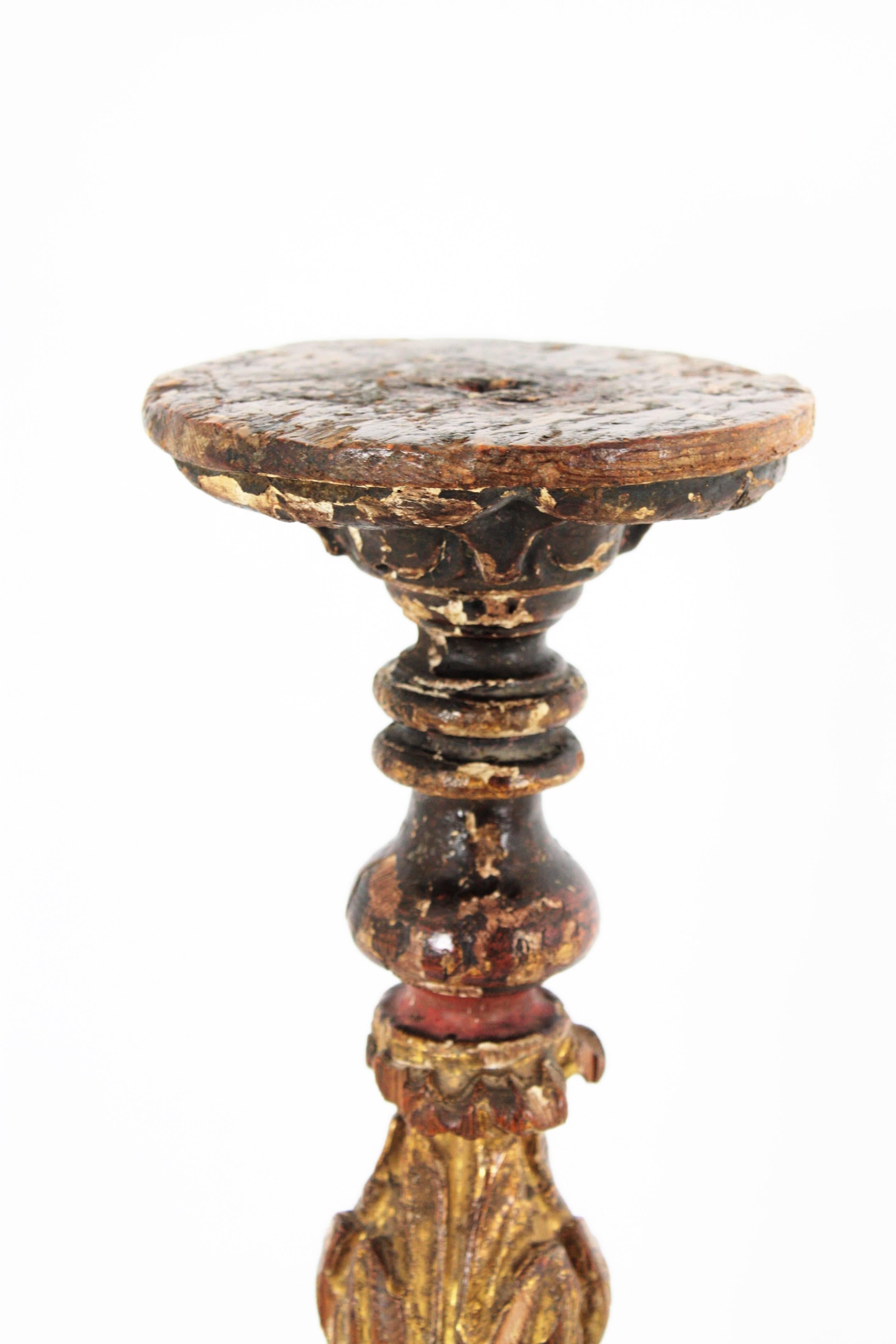 Spanish Baroque Parcel-Gilt Candlestick / Torchère, Carved Wood and Polichromy 2