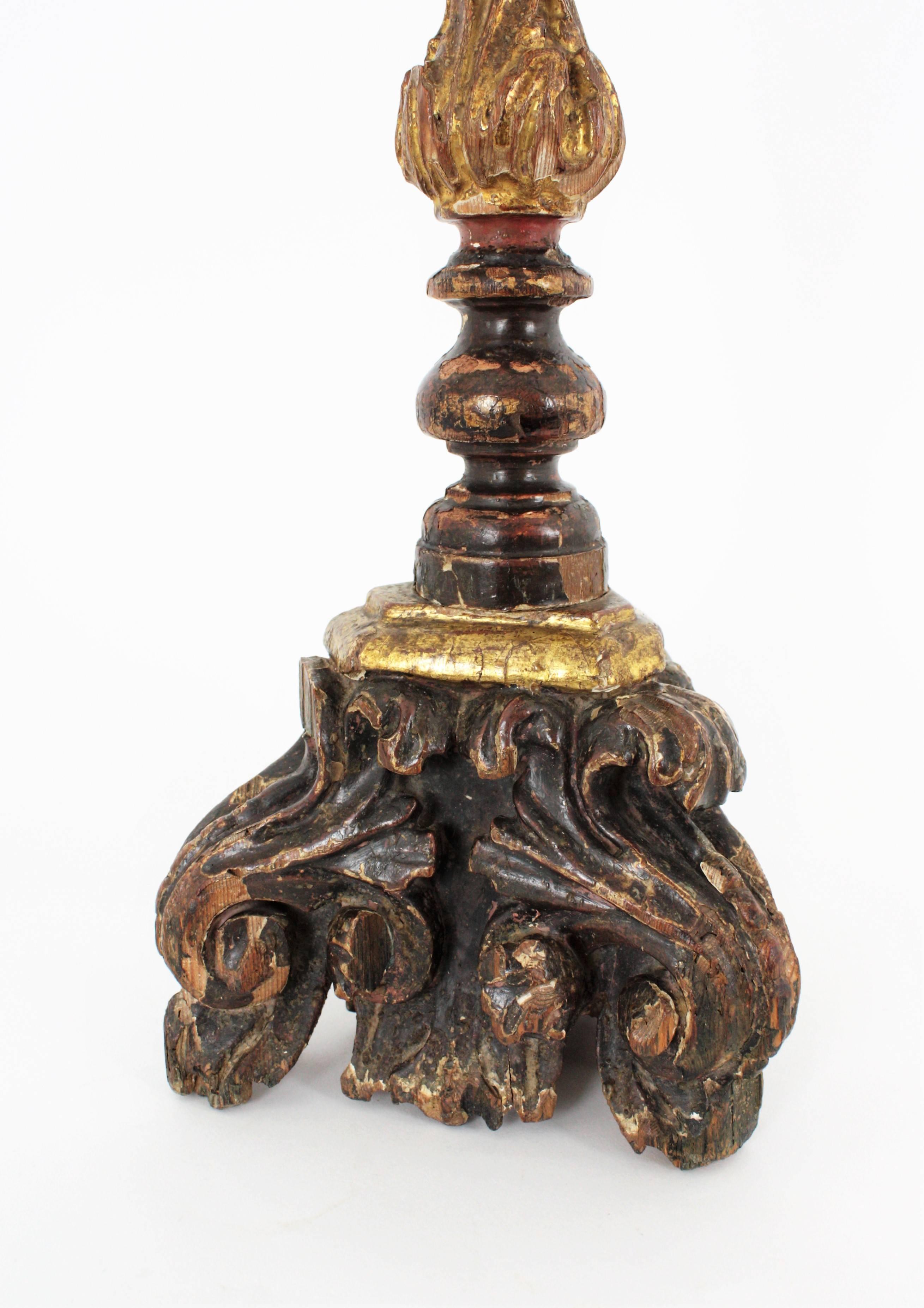 Spanish Baroque Parcel-Gilt Candlestick / Torchère, Carved Wood and Polichromy 3