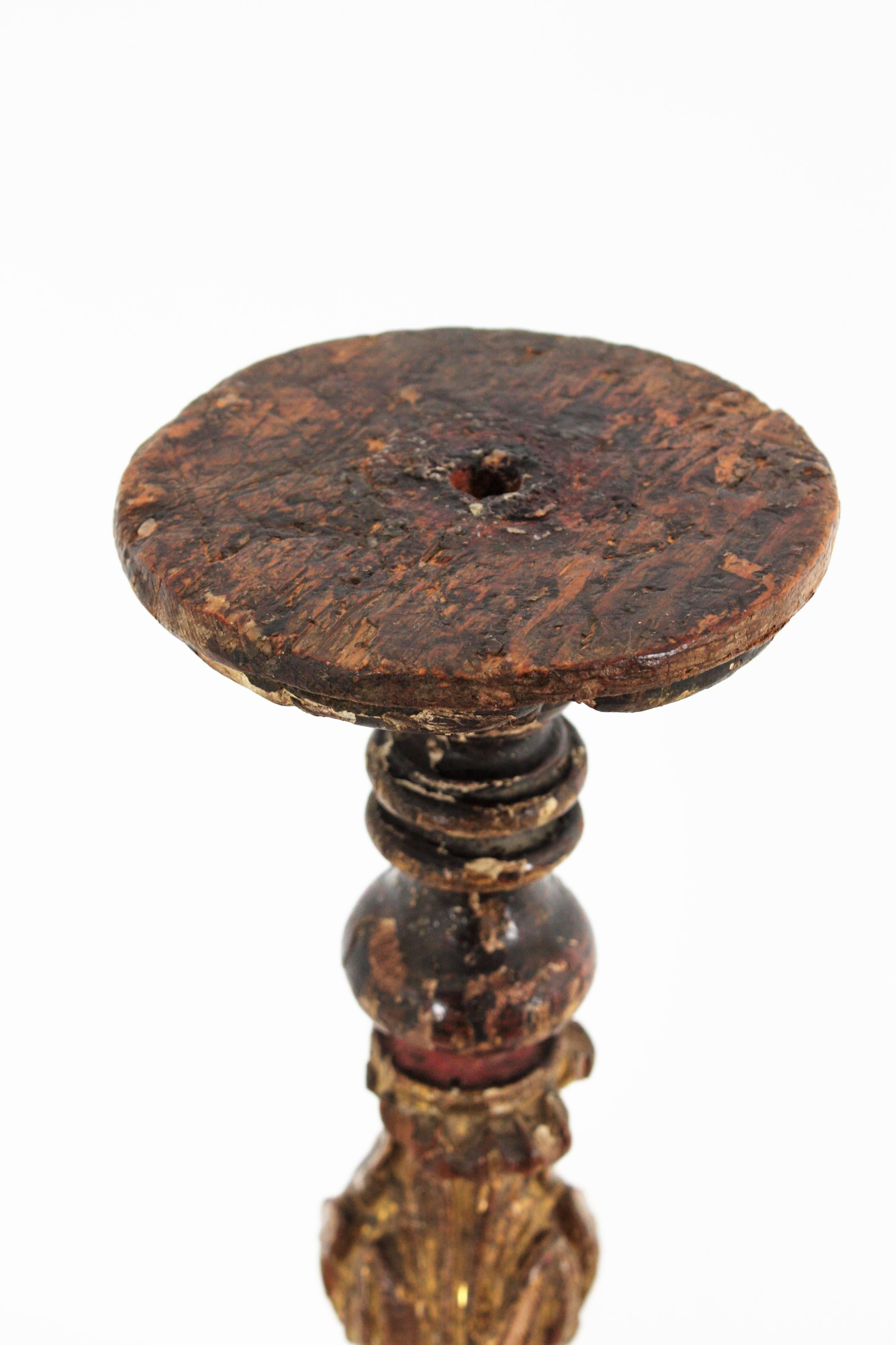 Spanish Baroque Parcel-Gilt Candlestick / Torchère, Carved Wood and Polichromy 4