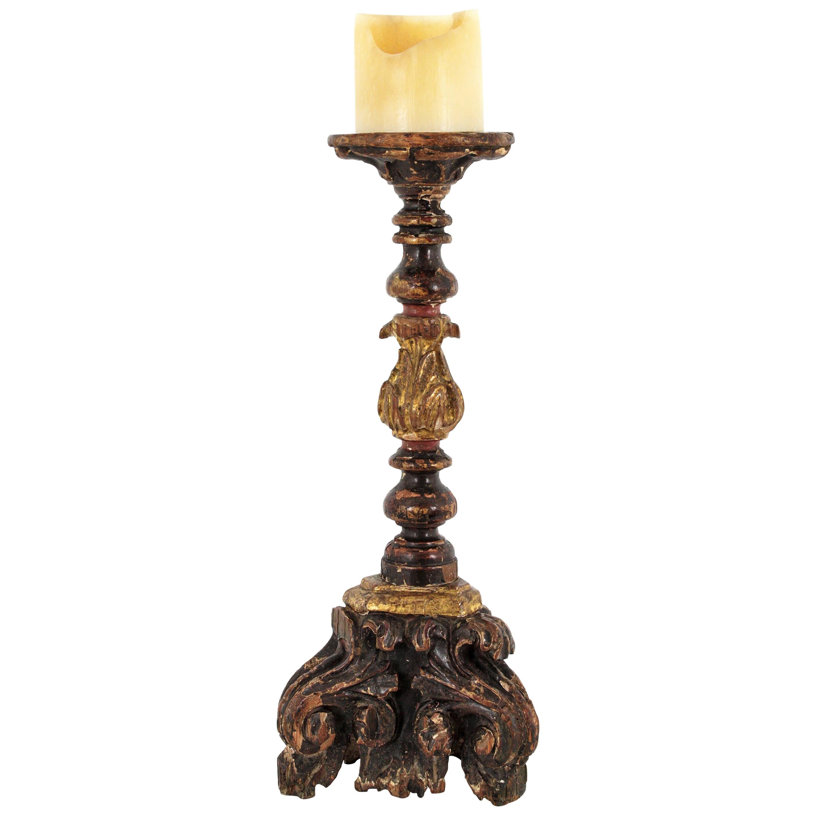 Spanish Baroque Parcel-Gilt Candlestick / Torchère, Carved Wood and Polichromy