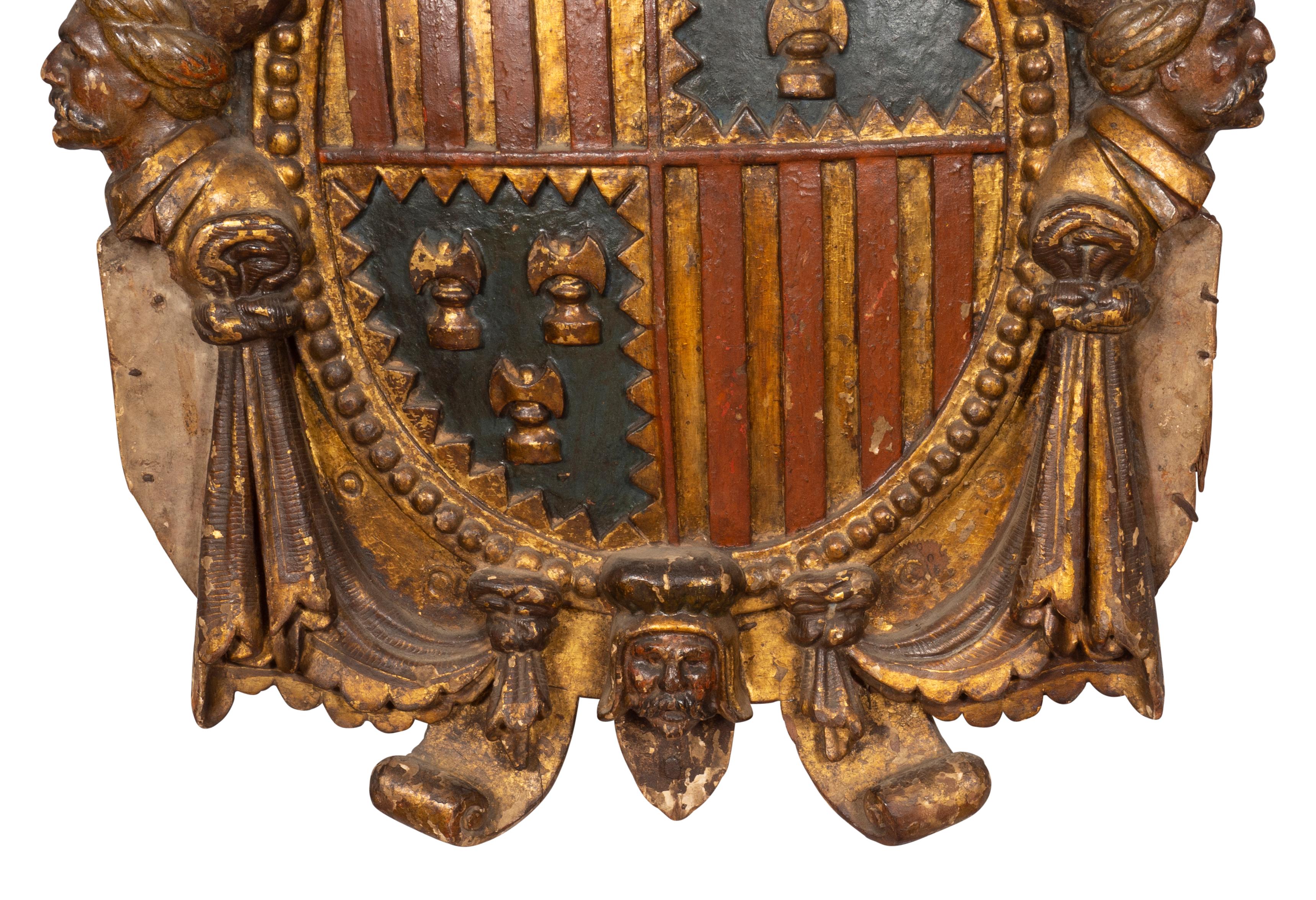 Spanish Baroque Polychrome And Giltwood Coat Of Arms In Good Condition For Sale In Essex, MA