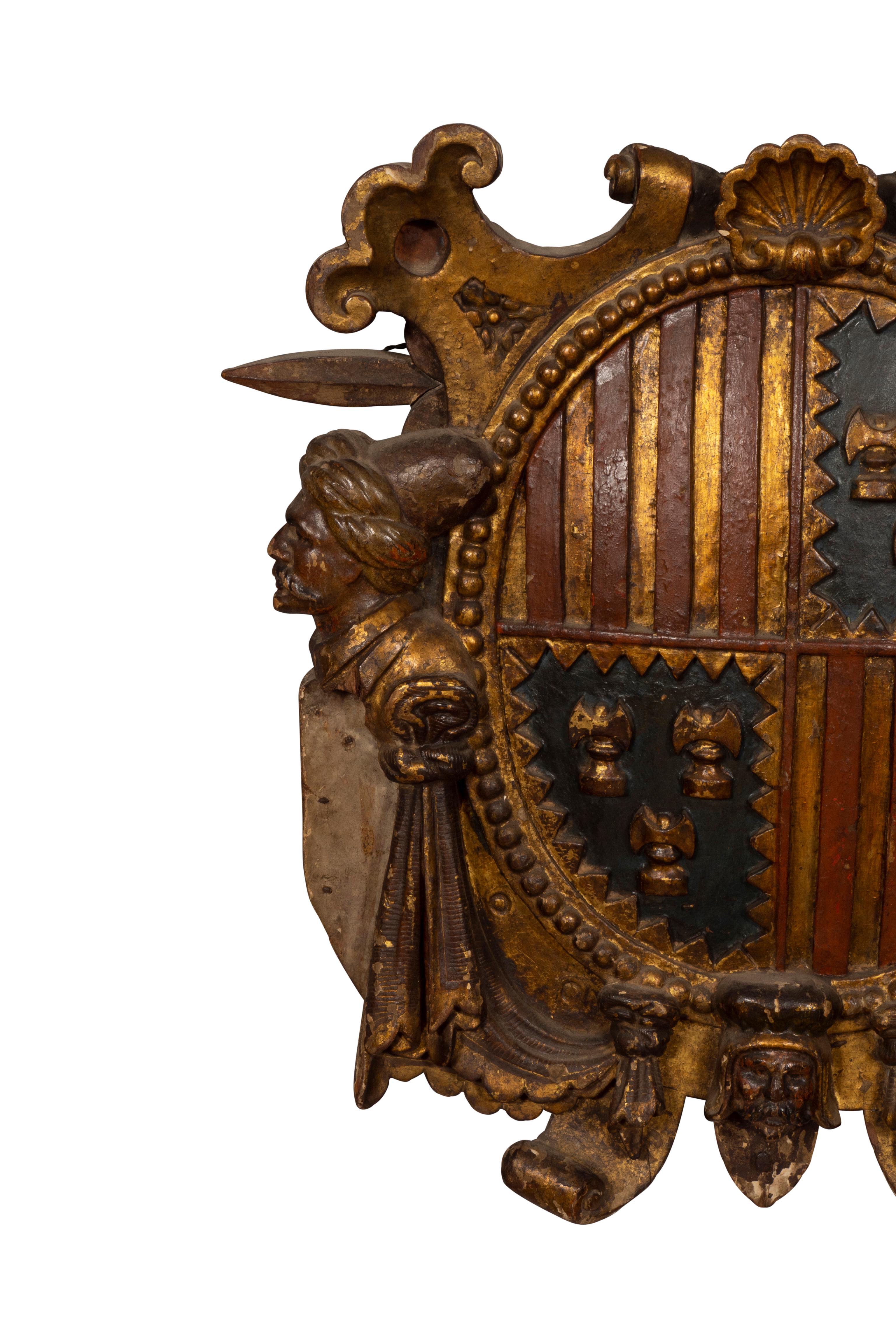 Late 17th Century Spanish Baroque Polychrome And Giltwood Coat Of Arms For Sale