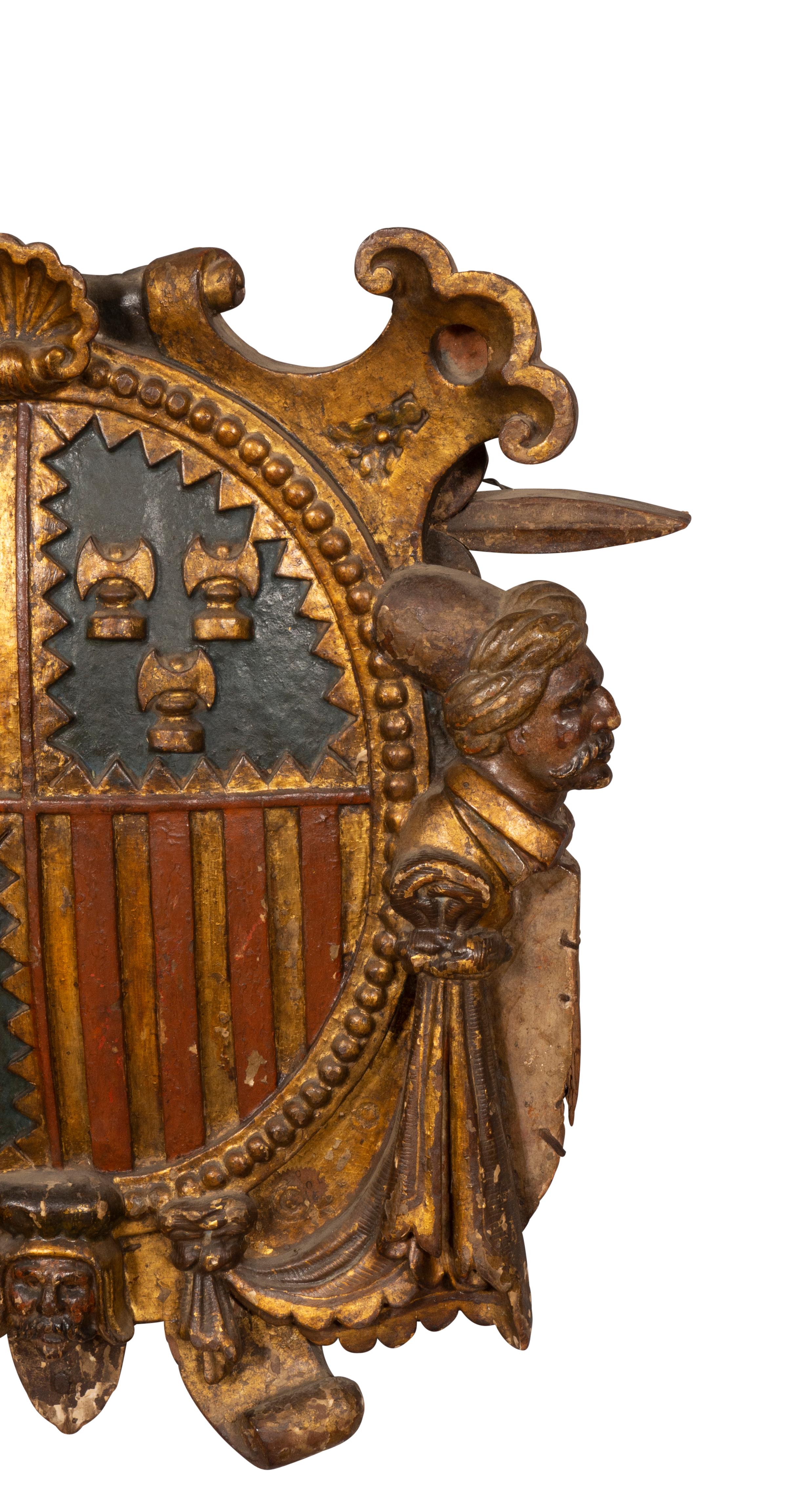 Walnut Spanish Baroque Polychrome And Giltwood Coat Of Arms For Sale