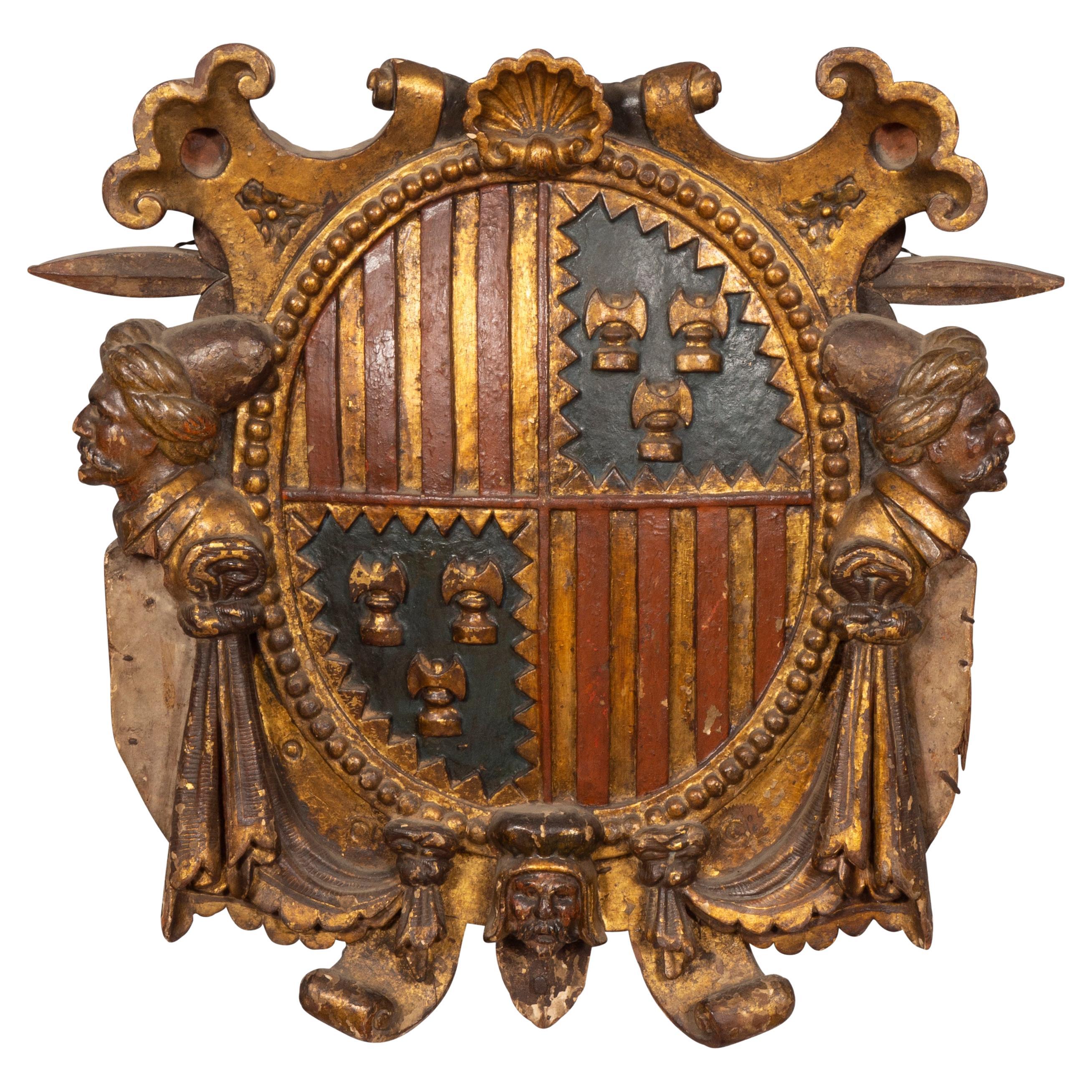Spanish Baroque Polychrome And Giltwood Coat Of Arms For Sale