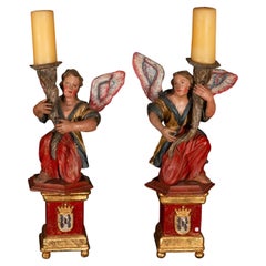 Torciere barocche spagnole con angeli policromi su piedistalli dorati, XVIII secolo