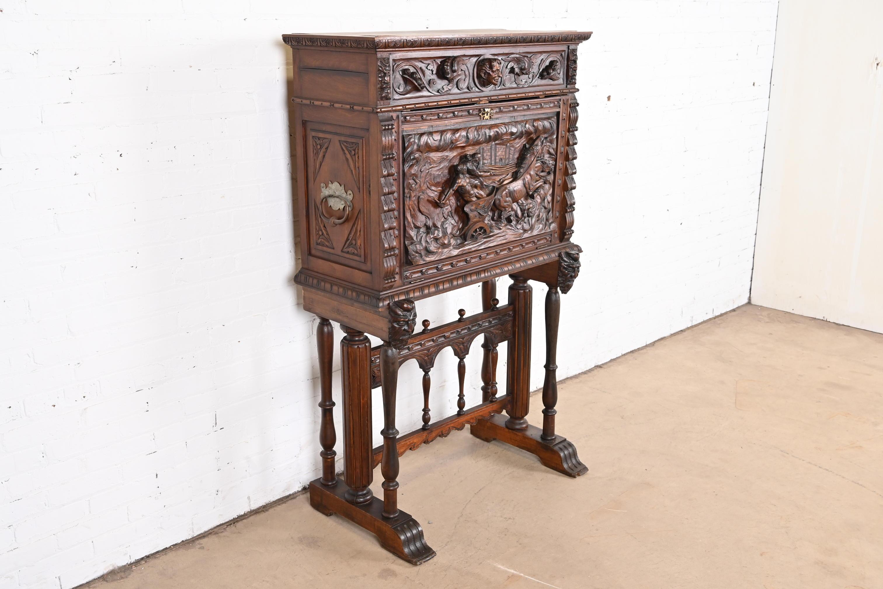Spanish Baroque Renaissance Carved Walnut Bargueño Desk or Bar Cabinet In Good Condition In South Bend, IN