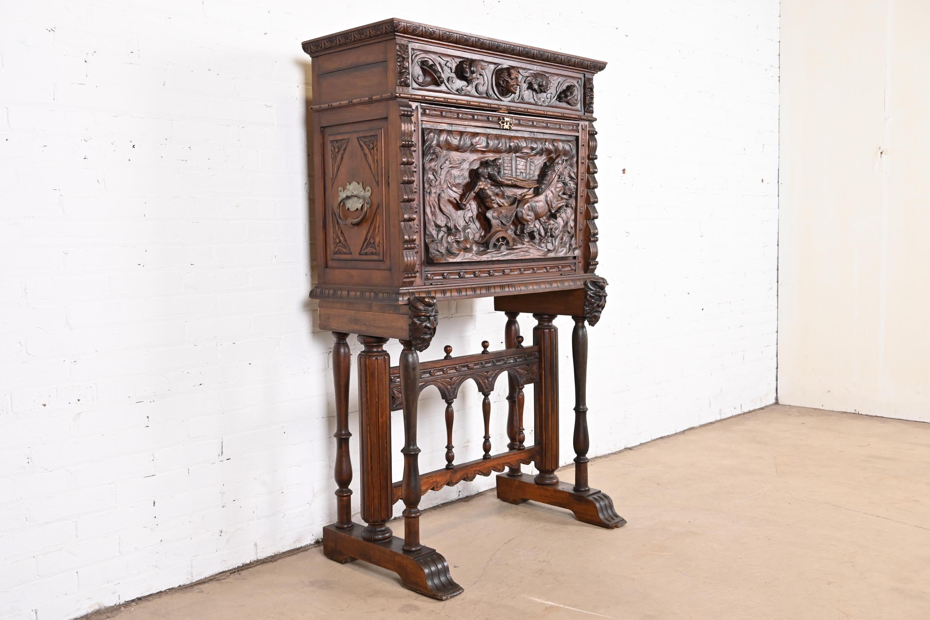 19th Century Spanish Baroque Renaissance Carved Walnut Bargueño Desk or Bar Cabinet