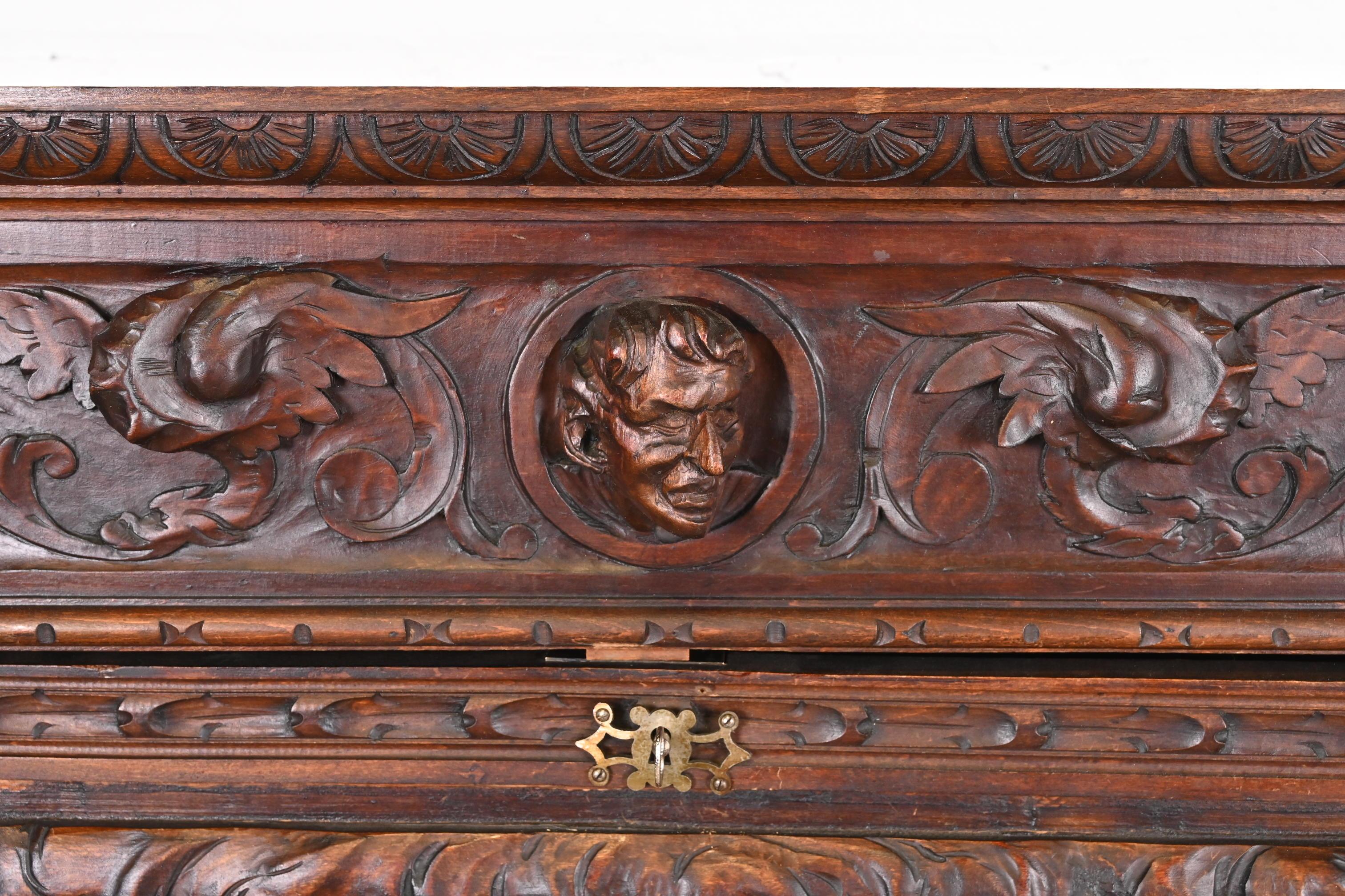 Iron Spanish Baroque Renaissance Carved Walnut Bargueño Desk or Bar Cabinet