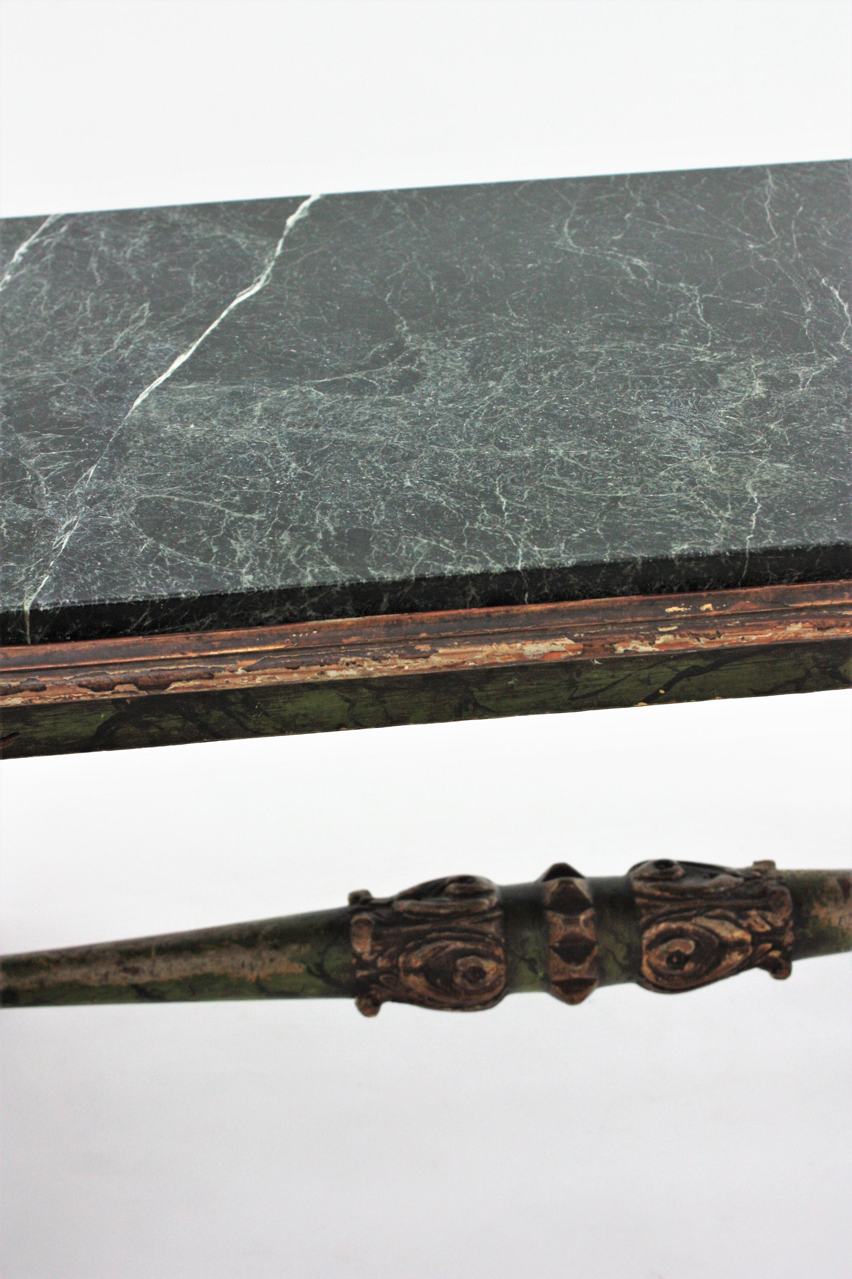 Spanish Baroque Carved Wood Coffee Table with Green Marble Top 7
