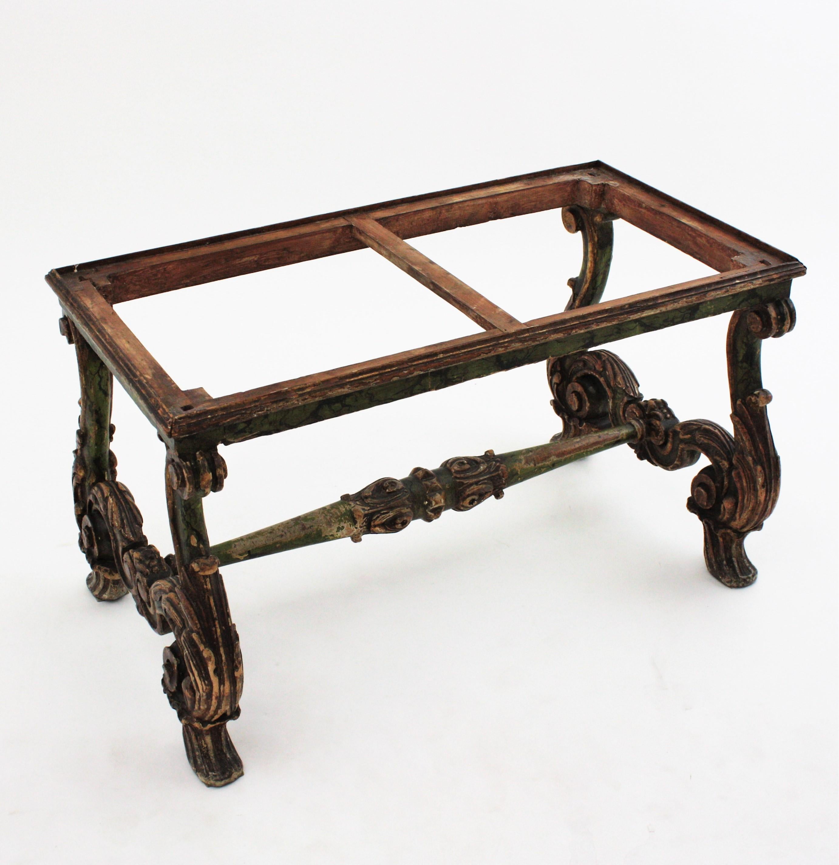 Spanish Baroque Carved Wood Coffee Table with Green Marble Top For Sale 8