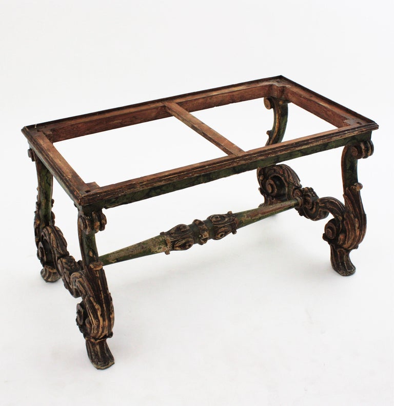 Spanish Baroque Carved Wood Coffee Table with Green Marble Top For Sale 11