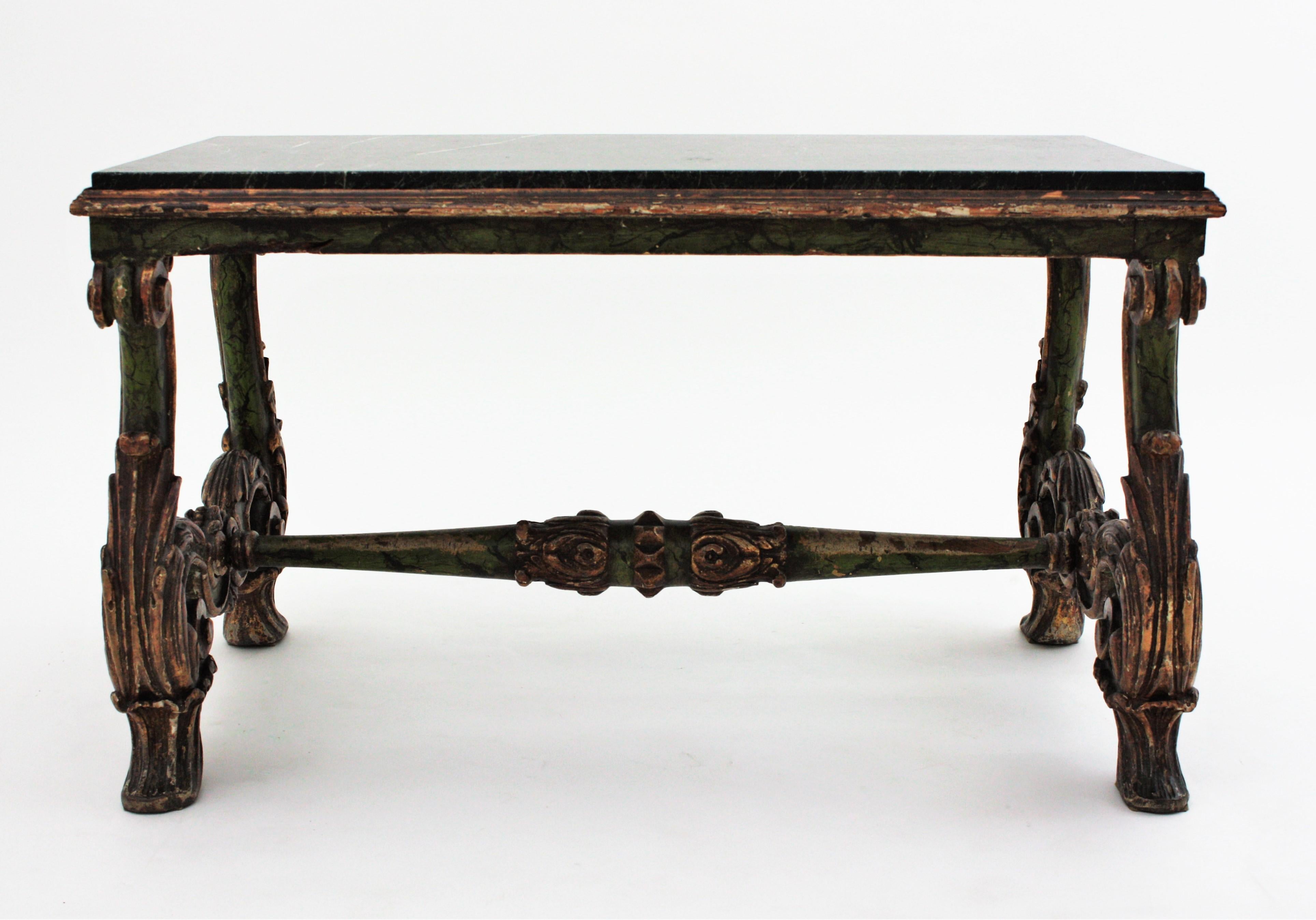 Spanish Baroque Carved Wood Coffee Table with Green Marble Top For Sale 9