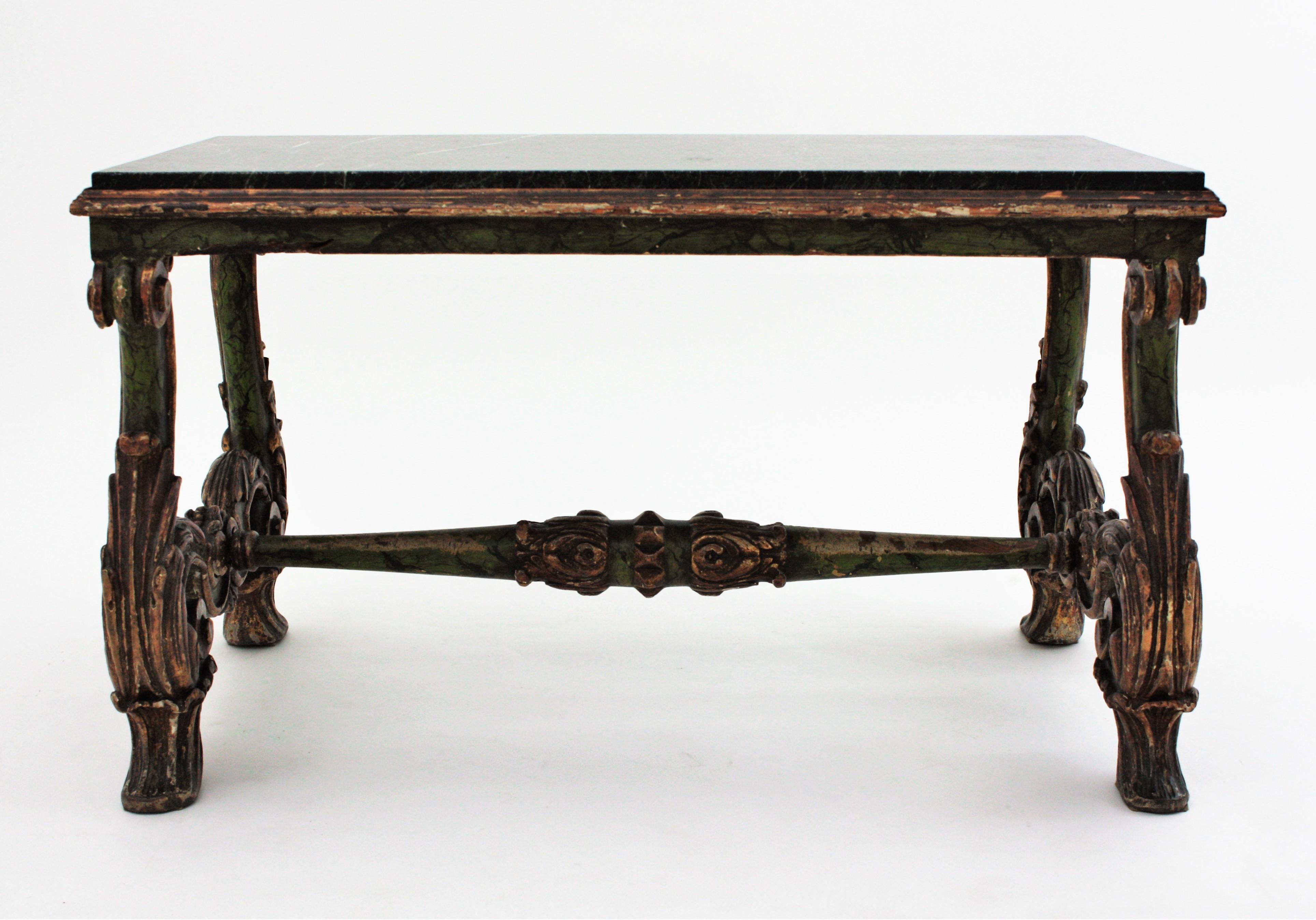 Spanish Baroque Carved Wood Coffee Table with Green Marble Top 9
